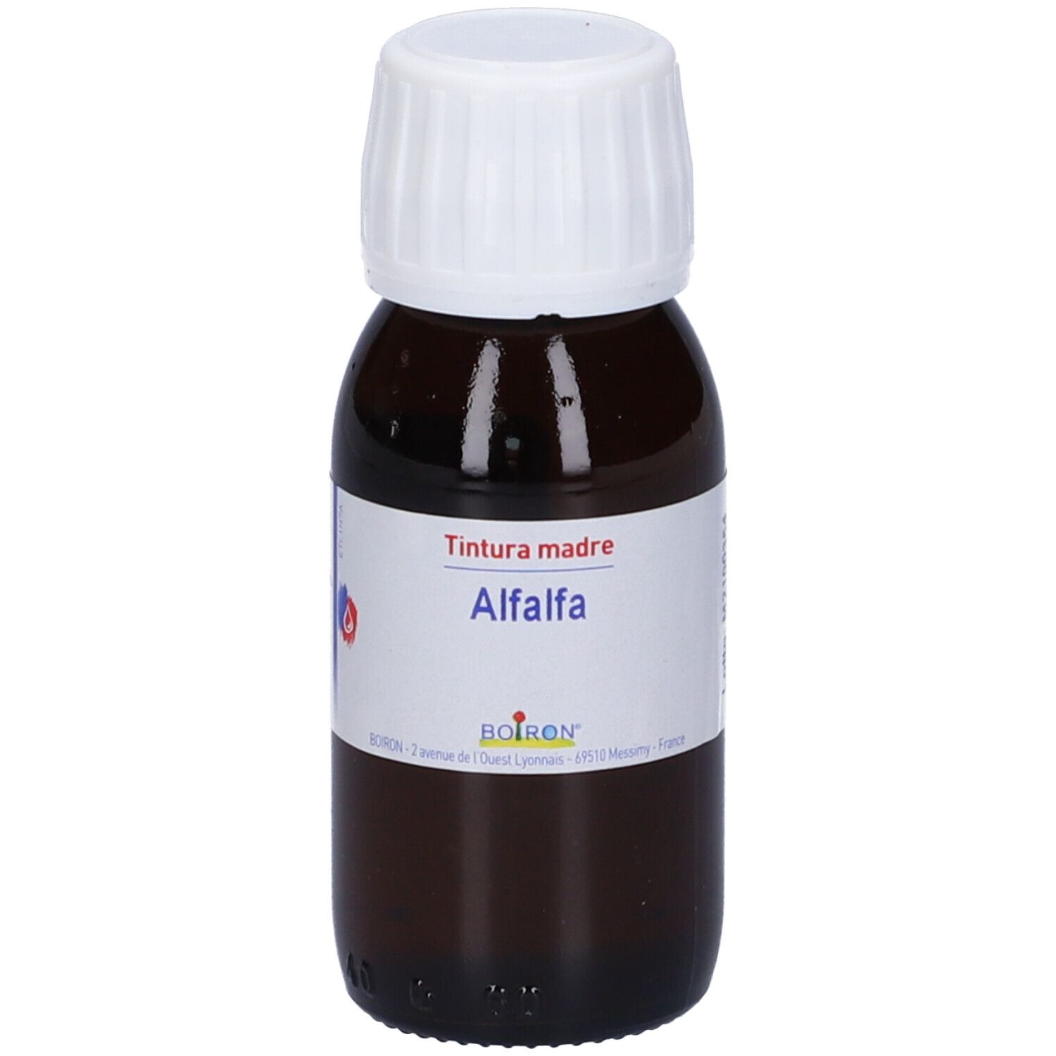 Flacone marrone con tappo bianco. Scritto: Tintura madre, Alfalfa. Marchio BOIRON® visibile.