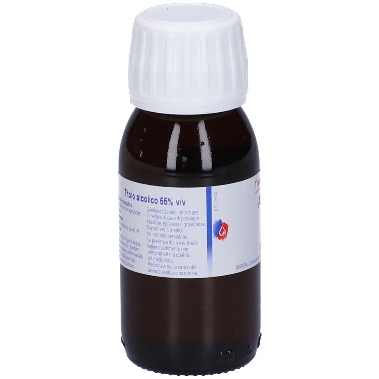 Flacone marrone con tappo bianco. Scritto: Titolo alcolico 55% V/V. Etichetta con informazioni.