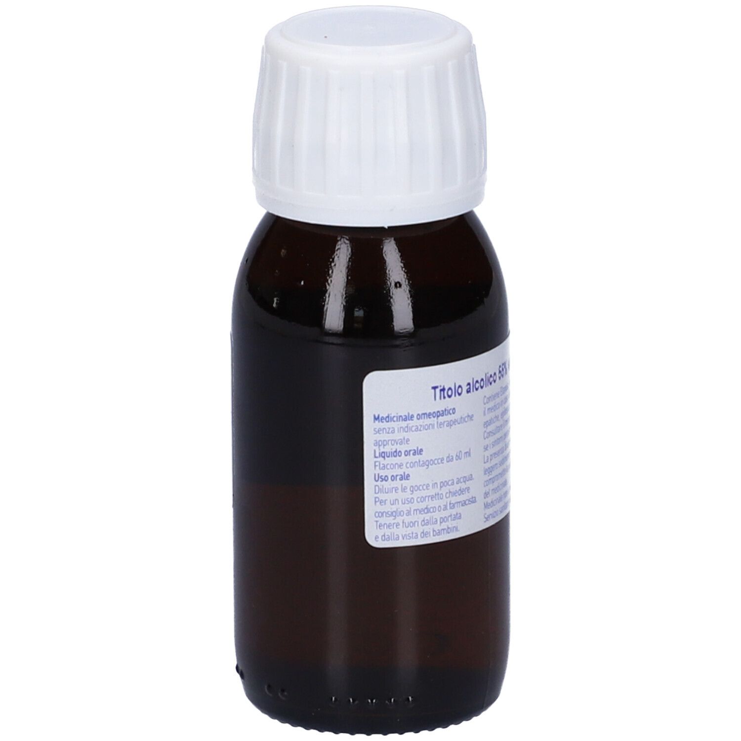 Flacone marrone con tappo bianco. Etichetta con informazioni. Scritto: Liquido orale.