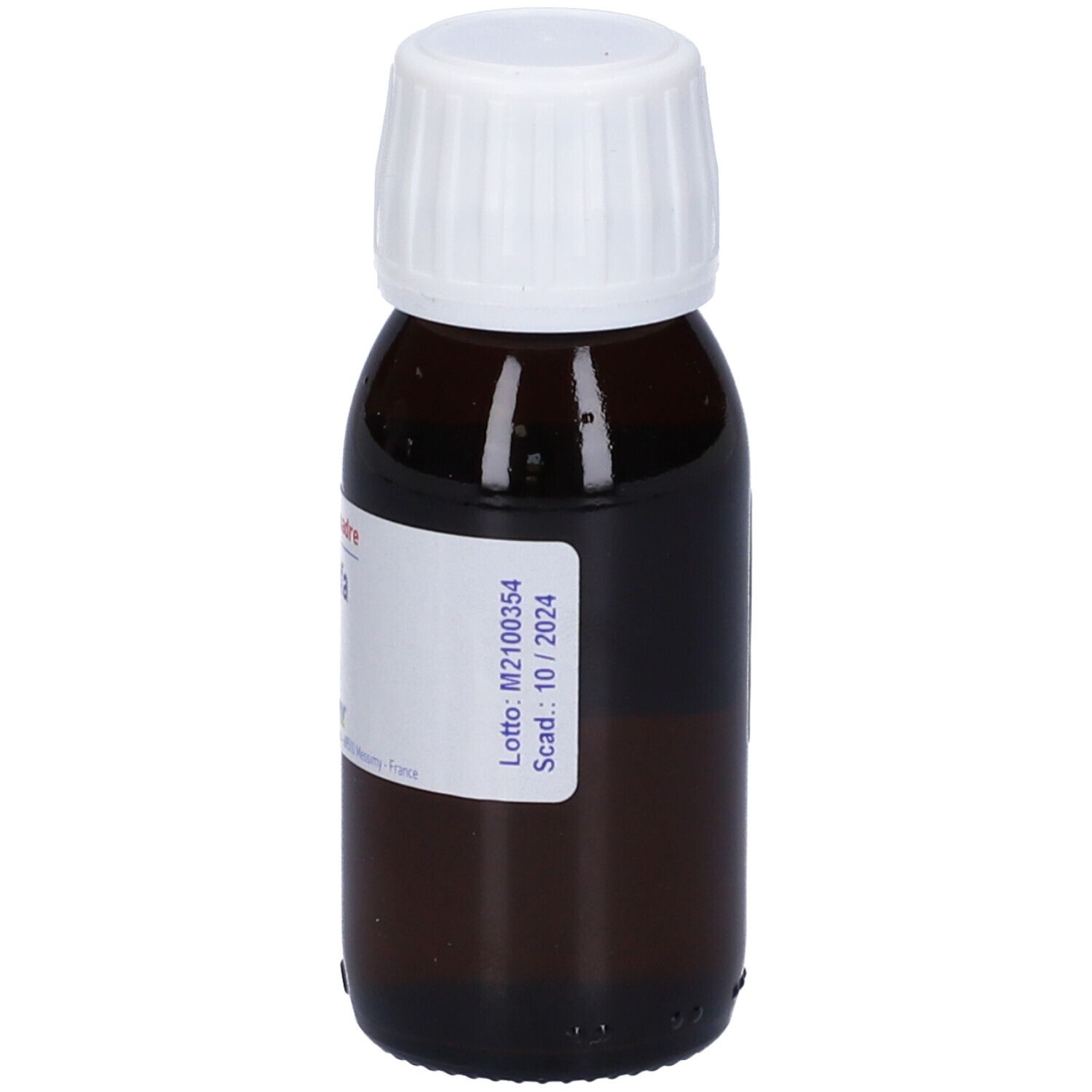 Flacone marrone con tappo bianco. Etichetta con informazioni. Scritto: Lotto M2100354, scad. 10/2024.