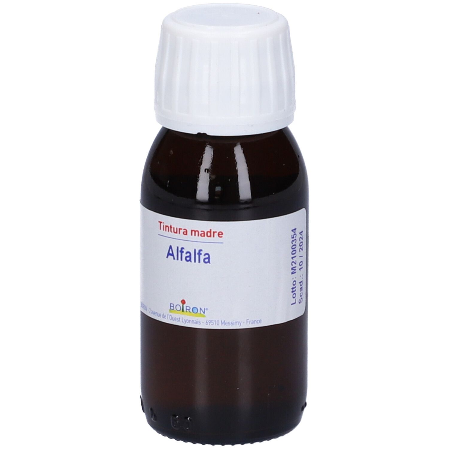 Flacone marrone con tappo bianco. Scritto: Tintura madre, Alfalfa. Marchio BOIRON® visibile.