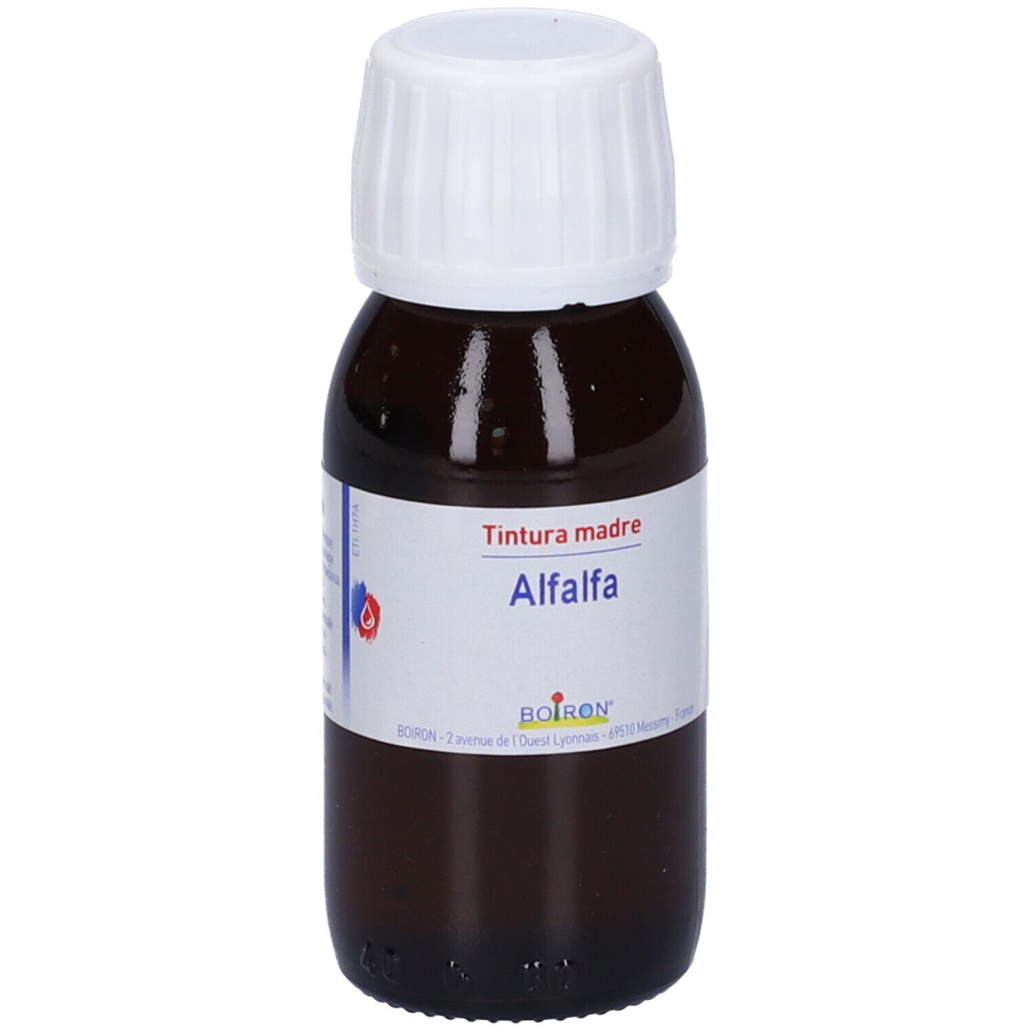 Flacone marrone con tappo bianco. Scritto: Tintura madre, Alfalfa. Marchio BOIRON® visibile.