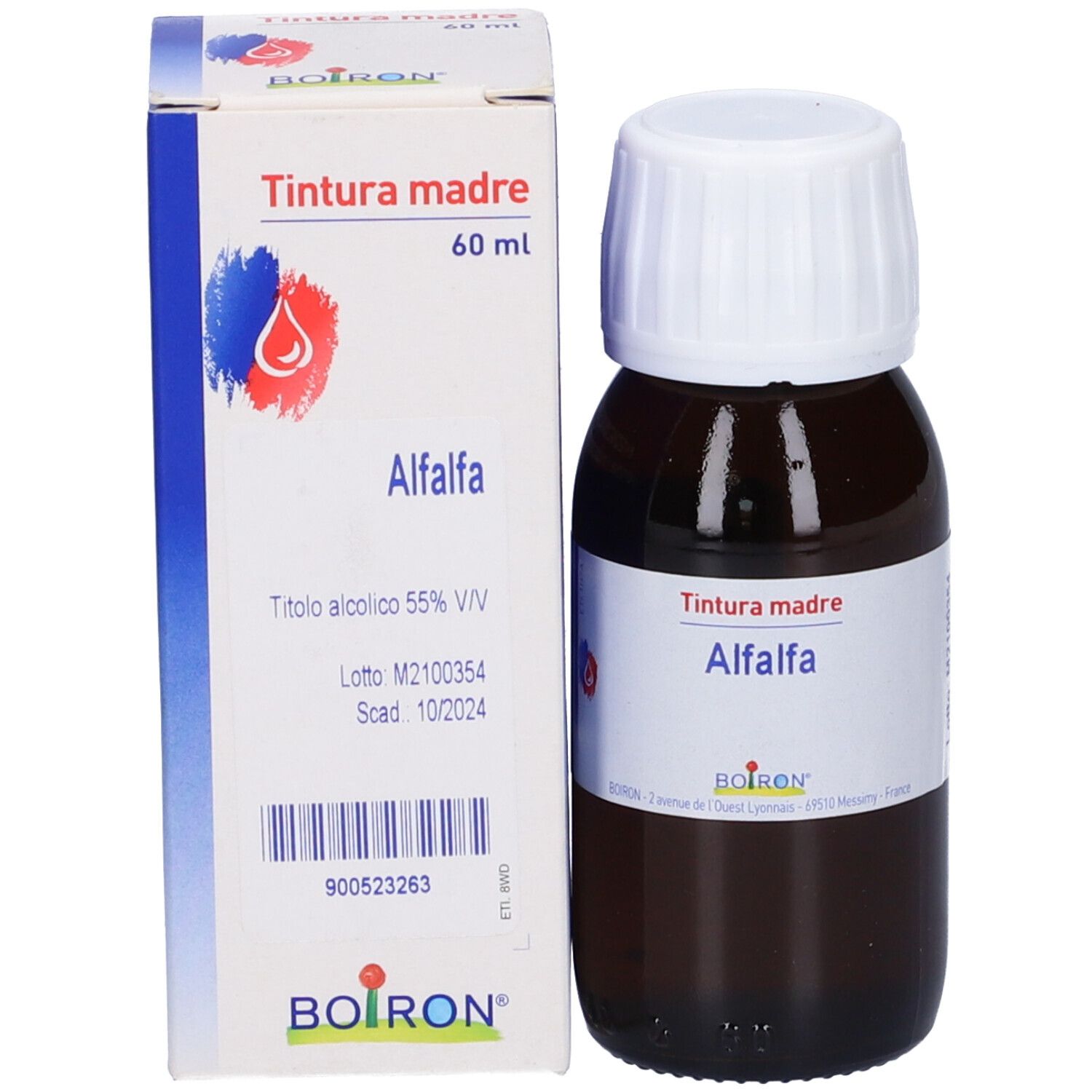 Flacone marrone e scatola. Scritto: Tintura madre, Alfalfa, 60 ml. Marchio BOIRON® visibile.