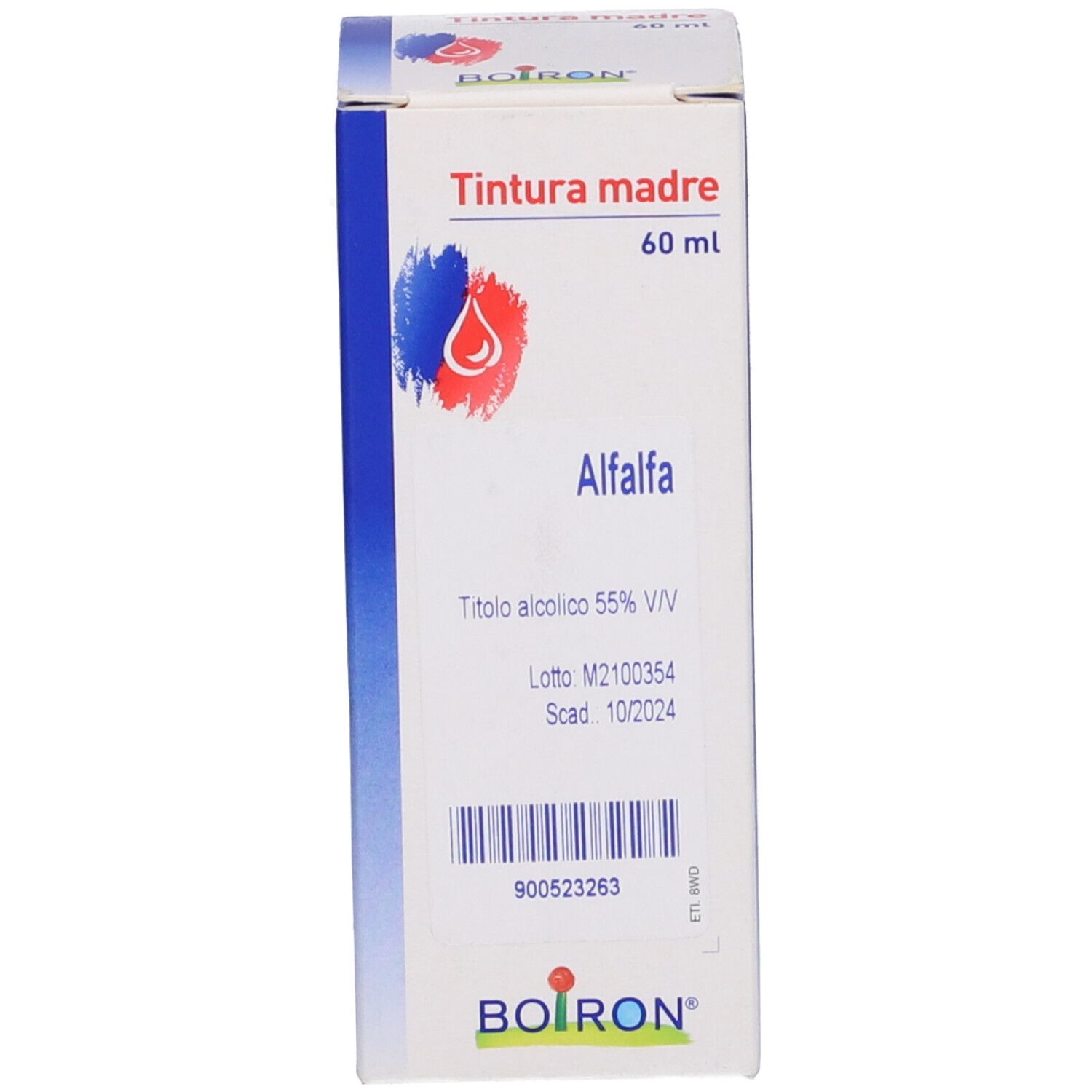 Scatola di BOIRON® Alfalfa Tintura Madre. Scritto: Alfalfa, 60 ml. Marchio e nome del prodotto ben visibili.