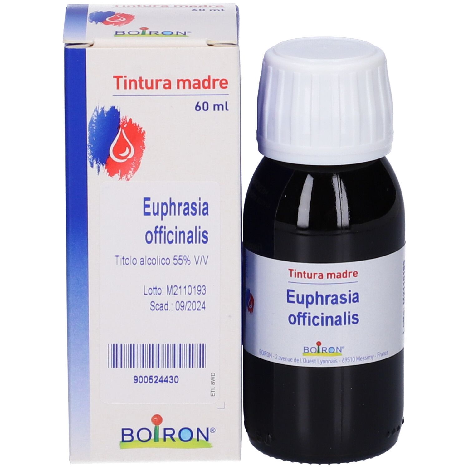 Flacone di vetro con tappo bianco ed etichetta. Confezione in cartone con nome e marchio del prodotto.