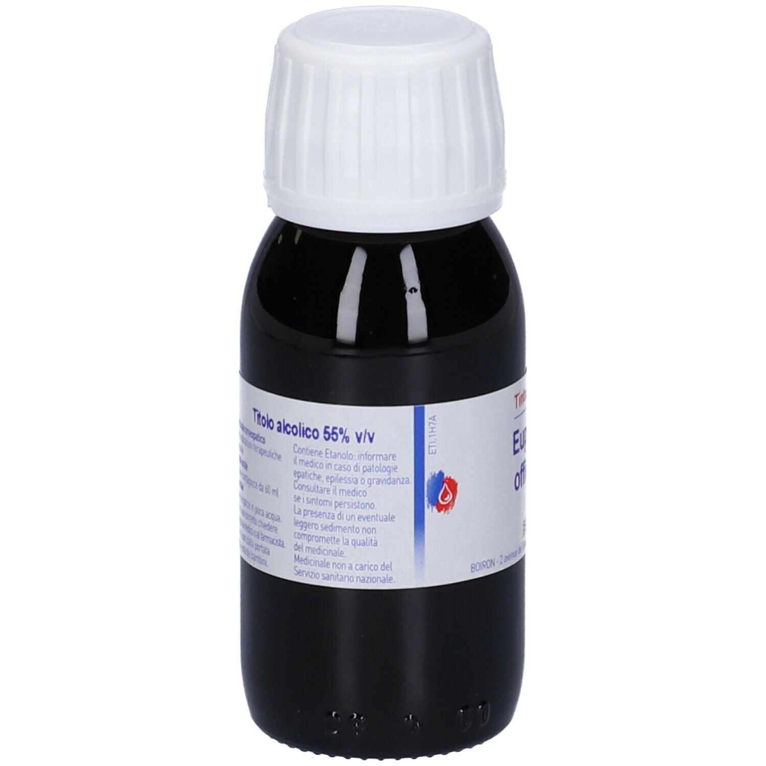 Liquido marrone in flacone di vetro con tappo bianco. Etichetta con informazioni sul prodotto.