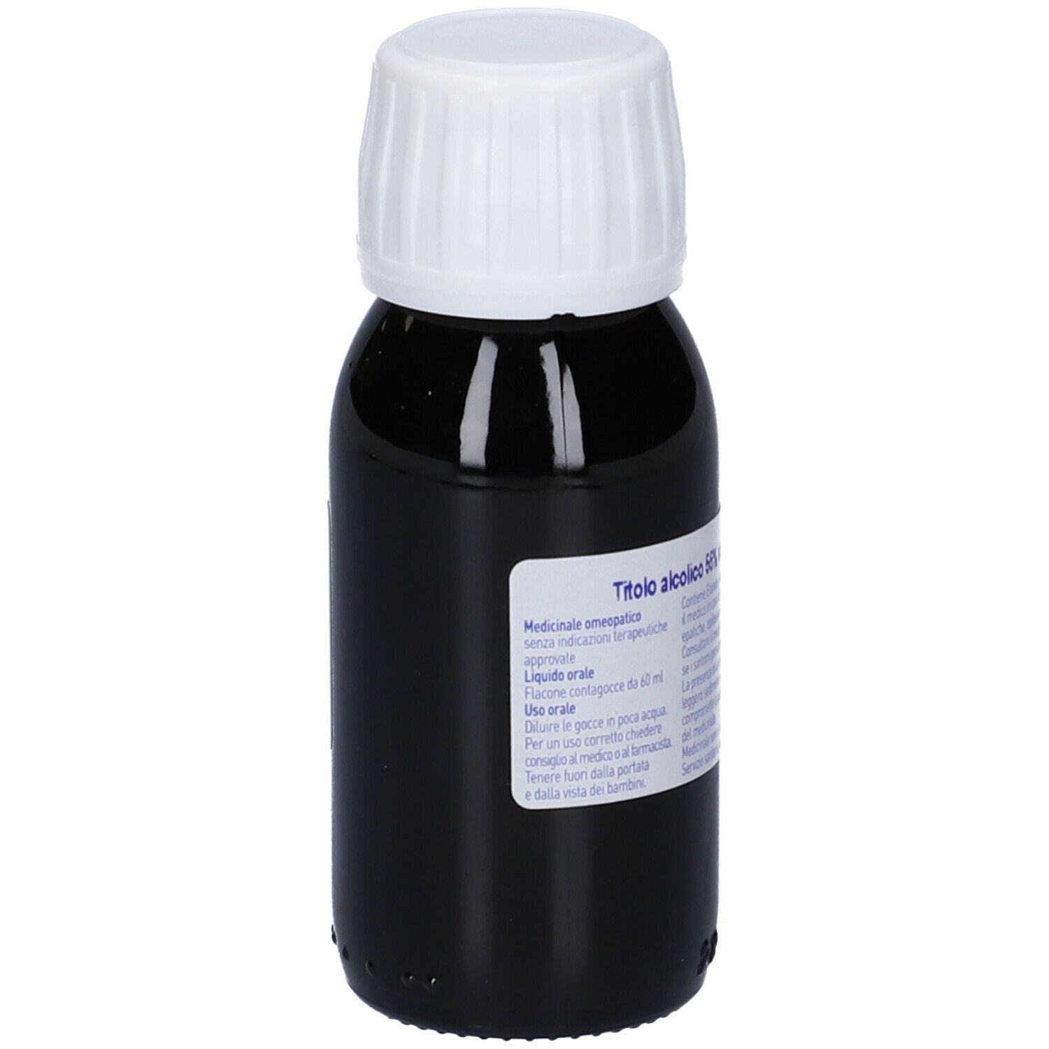 Liquido marrone in flacone di vetro con tappo bianco. Etichetta con informazioni sul prodotto.