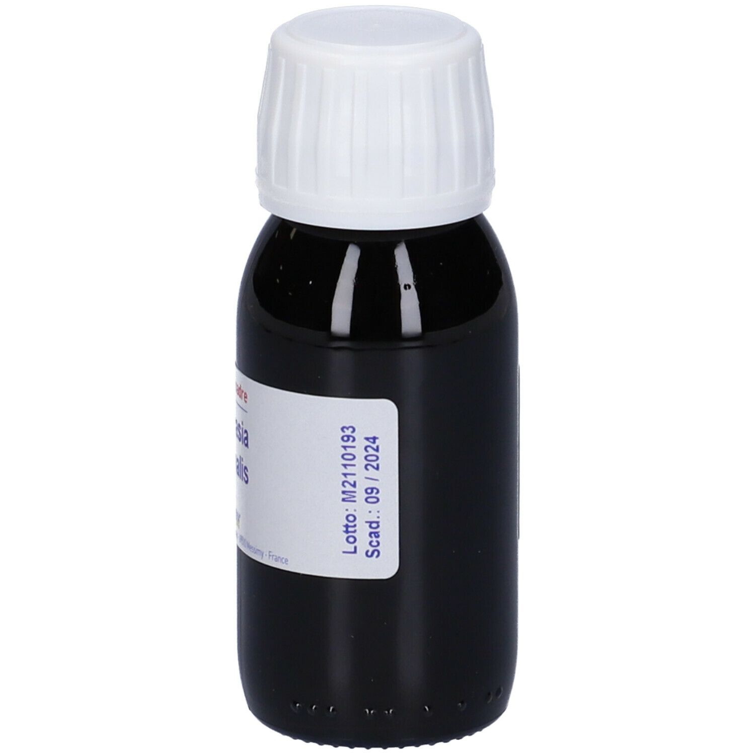 Liquido marrone in flacone di vetro con tappo bianco. Etichetta con informazioni sul prodotto.