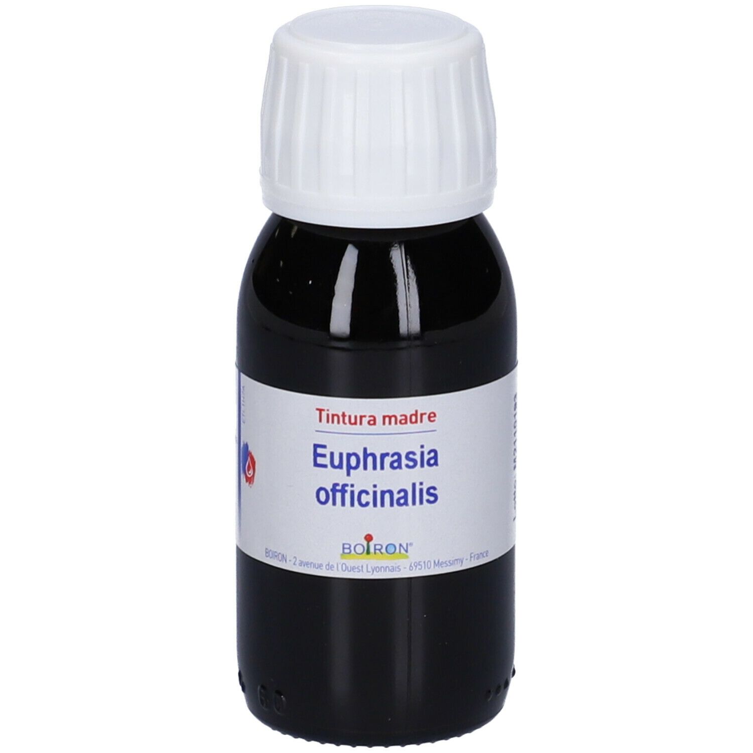 Liquido marrone in flacone di vetro con tappo bianco. Etichetta con informazioni sul prodotto.
