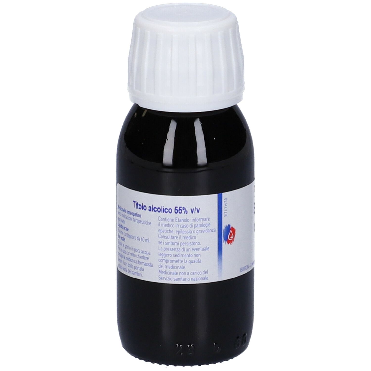 Liquido marrone in flacone di vetro con tappo bianco. Etichetta con informazioni sul prodotto.