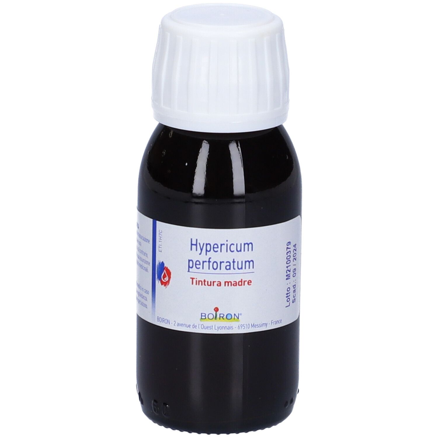 Flacone di vetro con liquido marrone, tappo bianco. Etichetta con nome del prodotto e marchio BOIRON®.