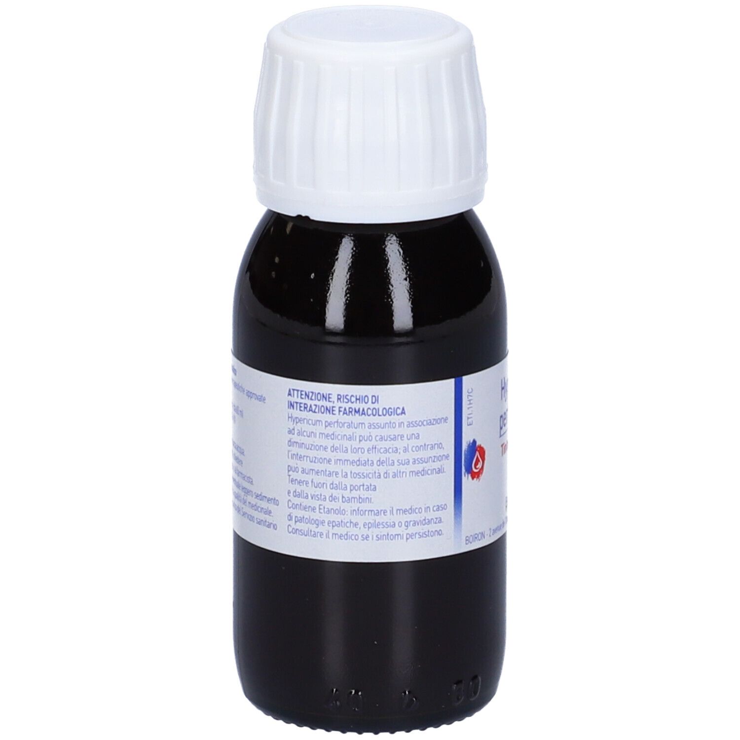 Flacone di vetro con liquido marrone e tappo bianco. Etichetta con avvertenze e informazioni sul prodotto.