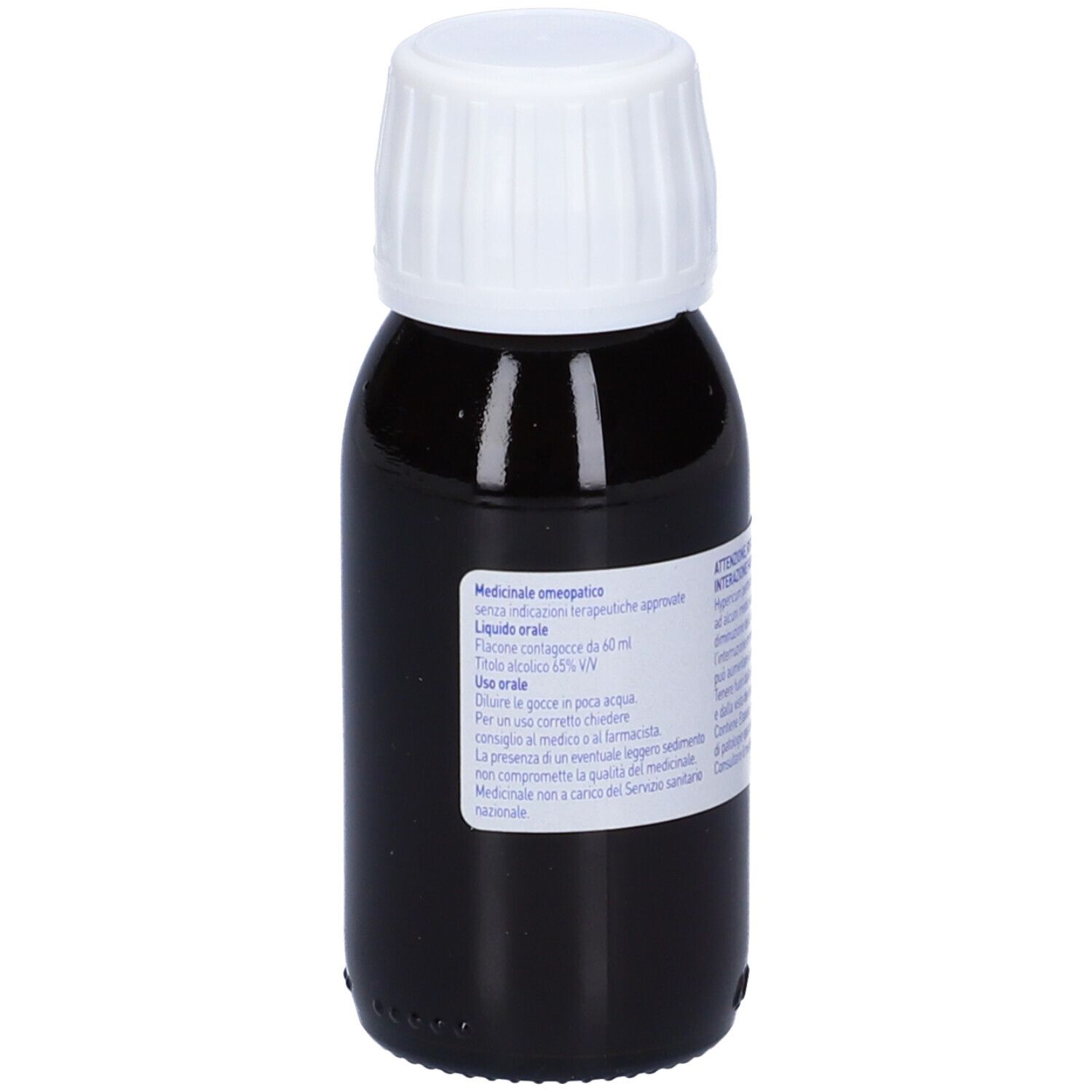 Flacone di vetro con liquido marrone e tappo bianco. Etichetta con informazioni sul prodotto e dosaggio.