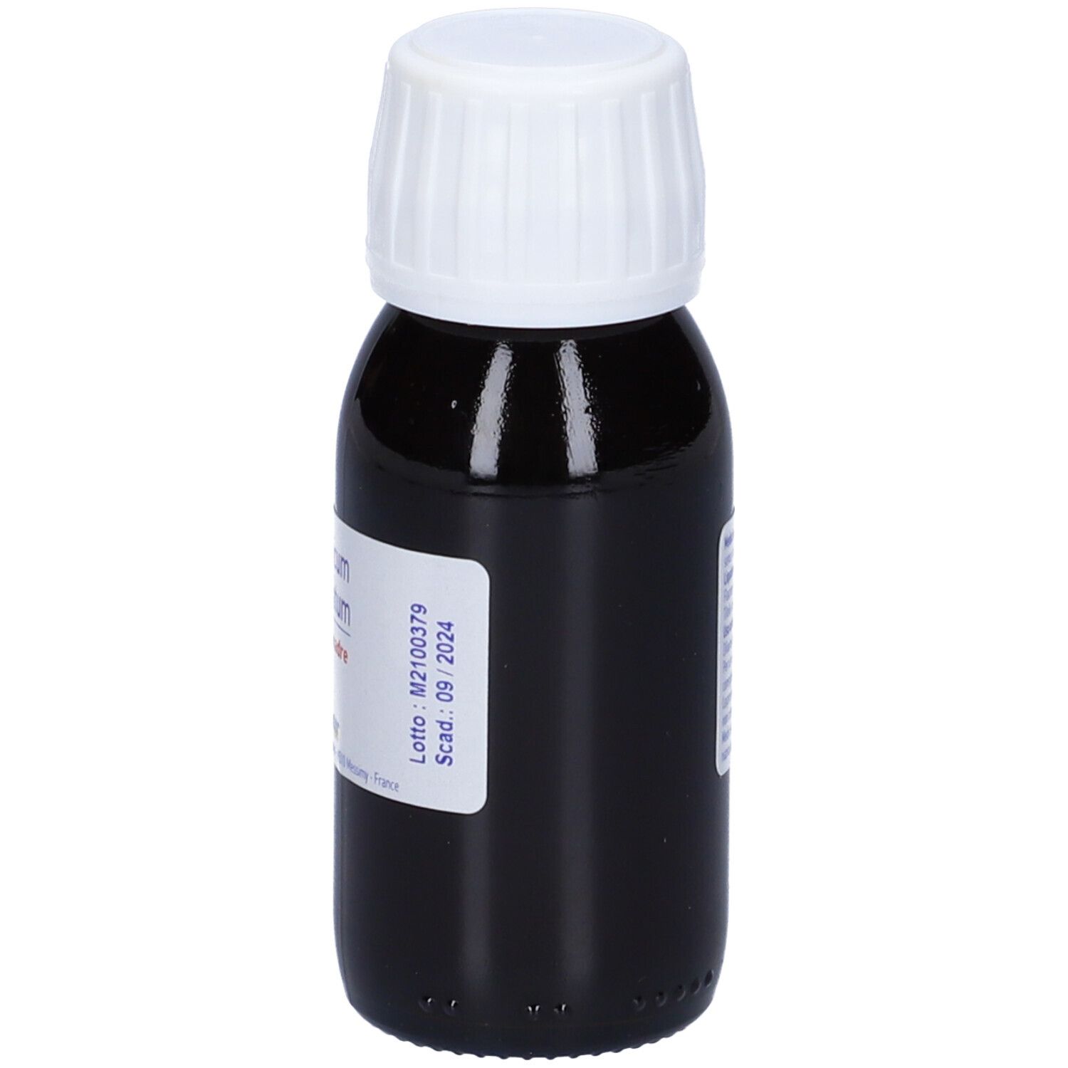 Liquido marrone in flacone di vetro con tappo bianco. Etichetta con data di scadenza e numero di lotto.