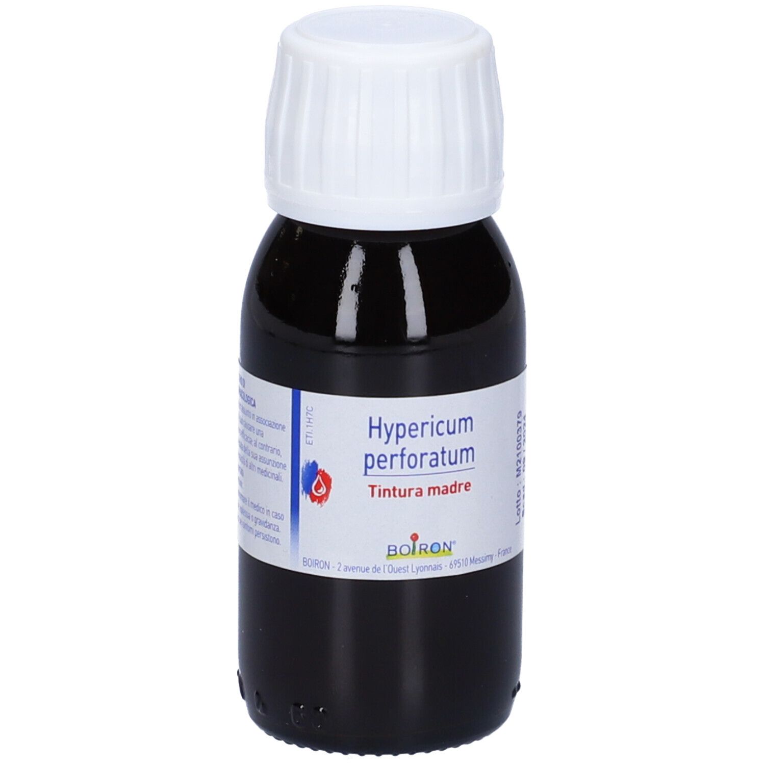 Flacone di vetro con liquido marrone e tappo bianco. Etichetta con nome, marchio BOIRON® e logo.