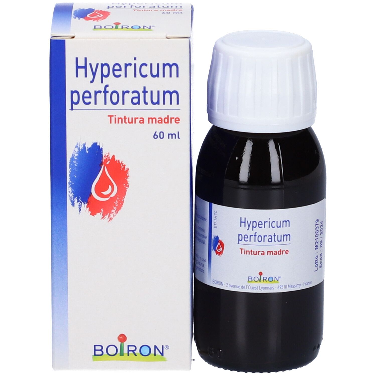 Flacone di vetro con liquido marrone e tappo bianco accanto a una scatola. Nome e marchio BOIRON® visibili.