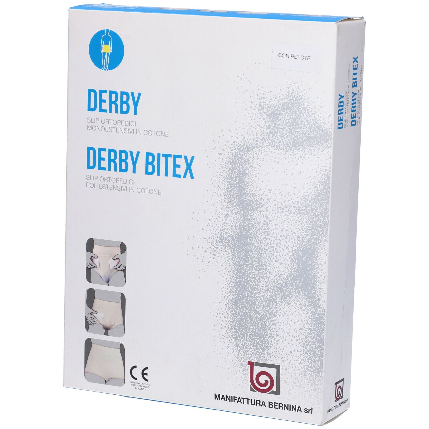 Confezione di Derby BiteX. Sulla confezione c'è scritto "DERBY" e "DERBY BITEX". Il prodotto è uno slip ortopedico.