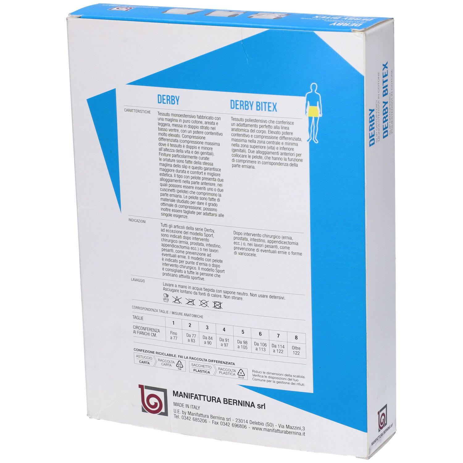 Retro della confezione Derby BiteX. Testo in italiano. Informazioni sulle taglie e del produttore visibili.