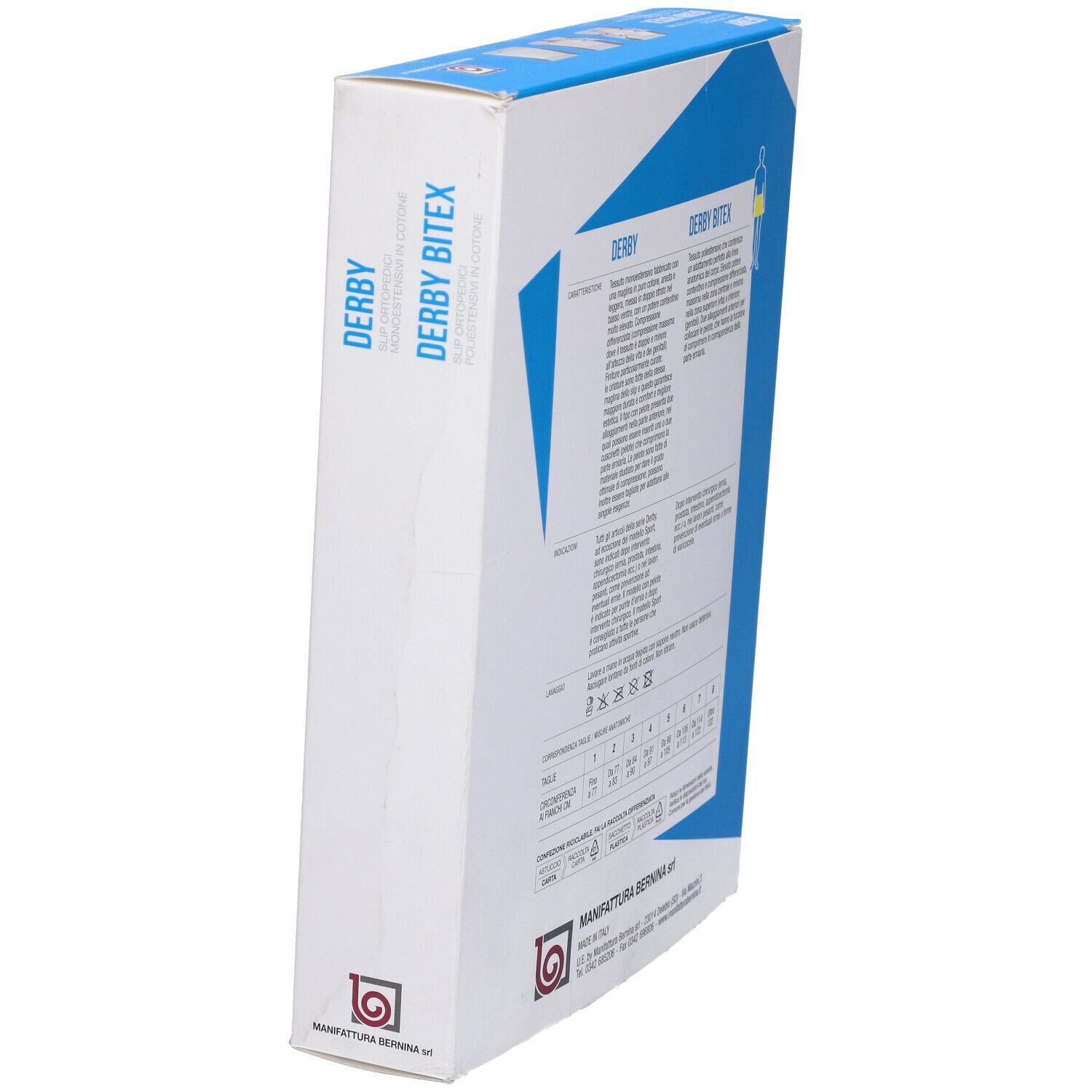 Lato della confezione Derby BiteX. Testo in italiano. Informazioni sulle taglie e del produttore visibili.