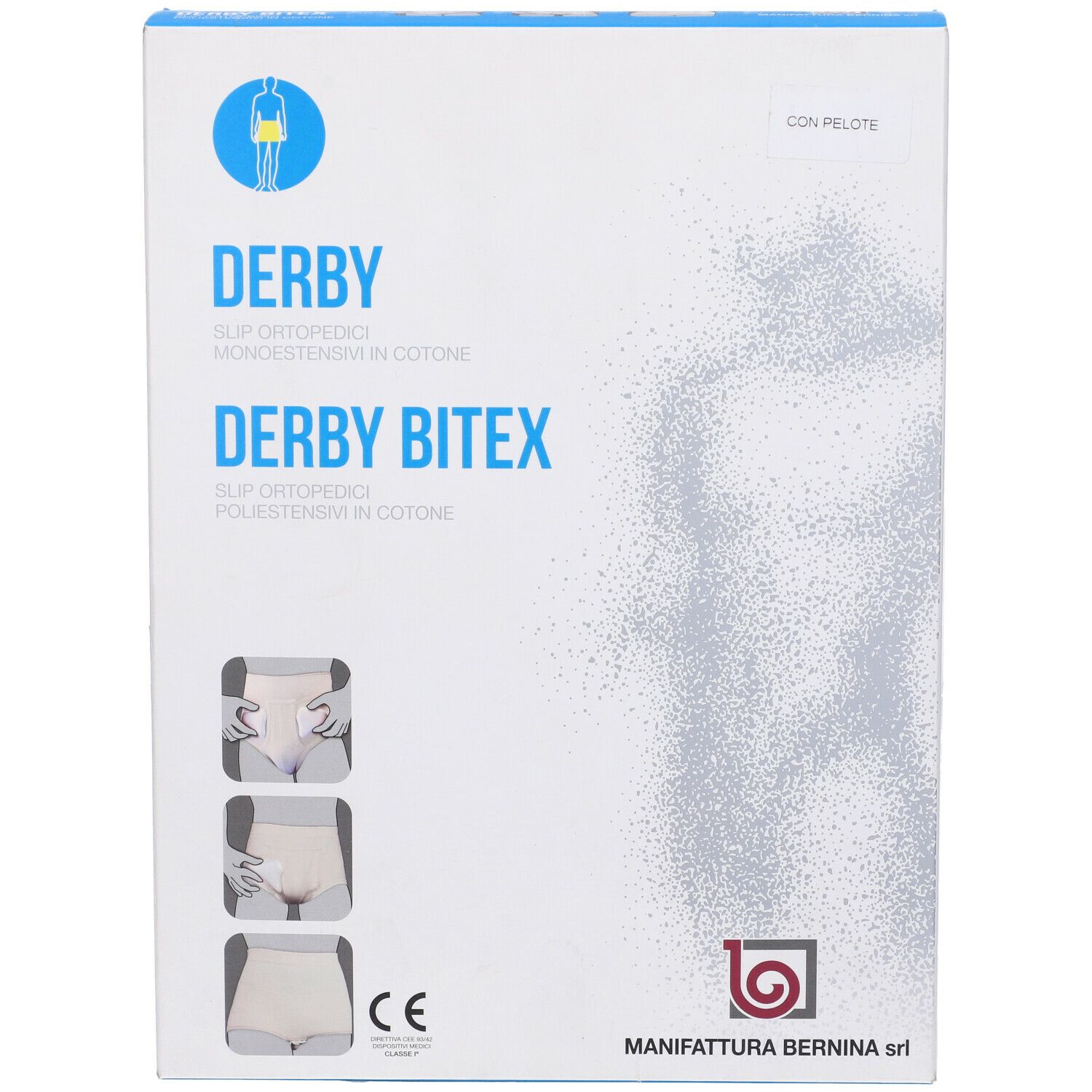Confezione di Derby BiteX. Sulla confezione c'è scritto "DERBY" e "DERBY BITEX". Il prodotto è uno slip ortopedico.
