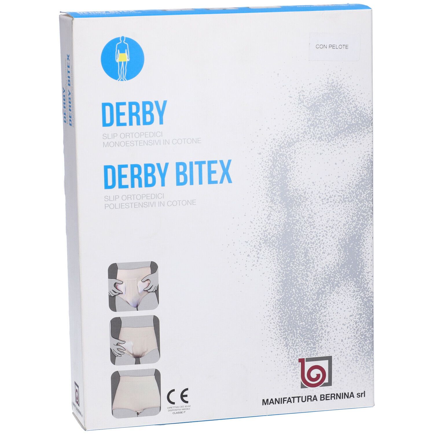 Confezione di Derby BiteX. Sulla confezione c'è scritto "DERBY" e "DERBY BITEX". Il prodotto è uno slip ortopedico.