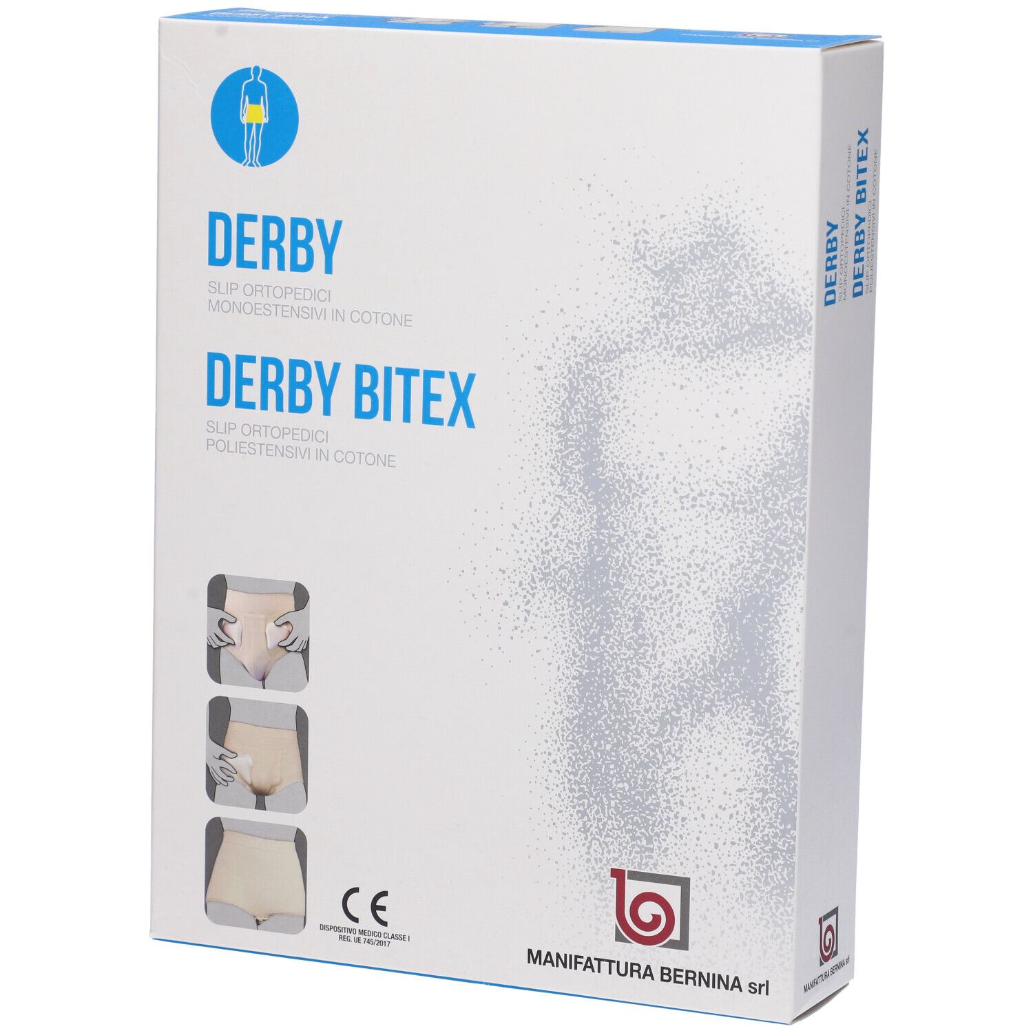 Confezione per slip ortopedico. Marchio: Derby Bitex. Immagini del prodotto. Marchio CE.