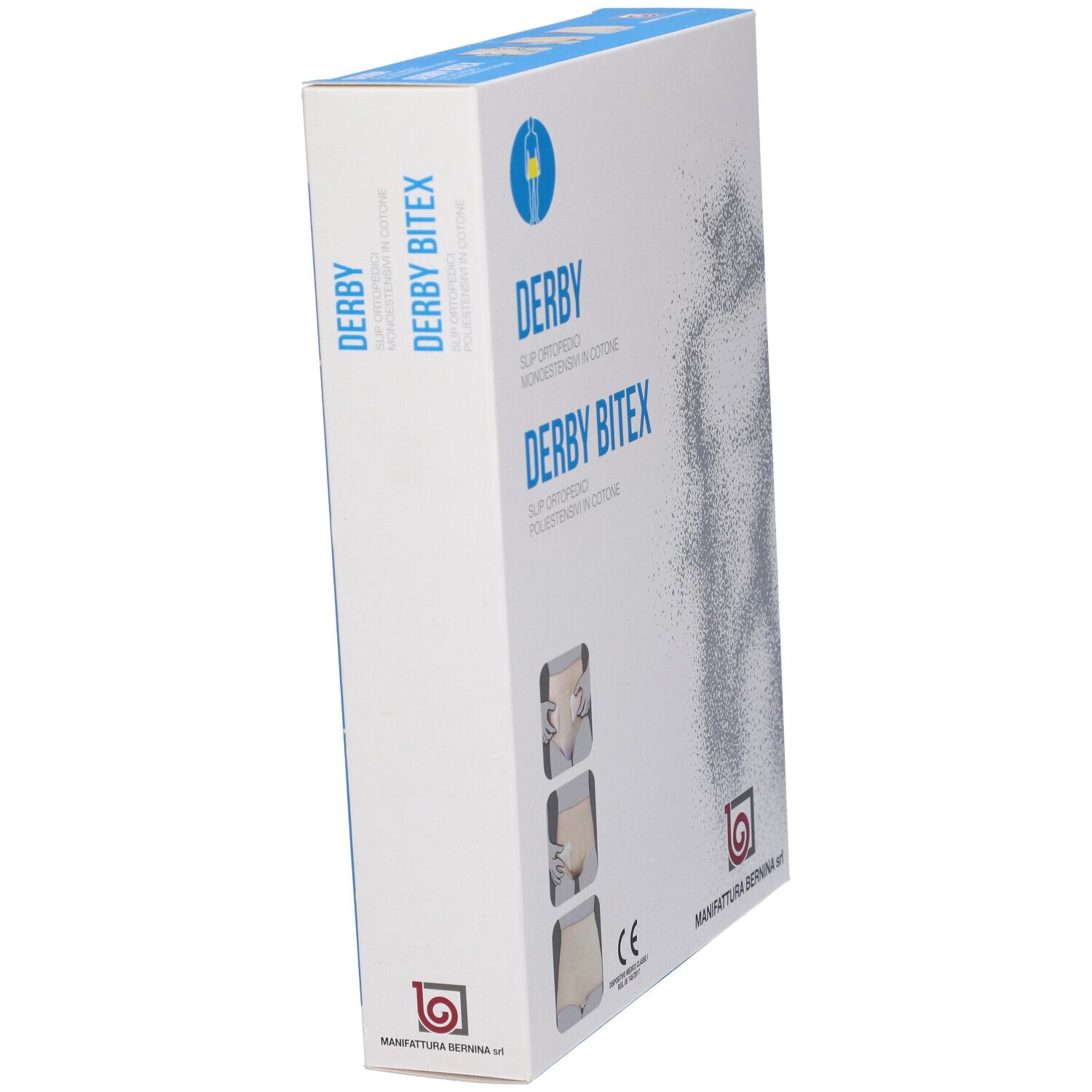 Confezione per slip ortopedico. Marchio: Derby Bitex. Vista laterale con nome del prodotto.