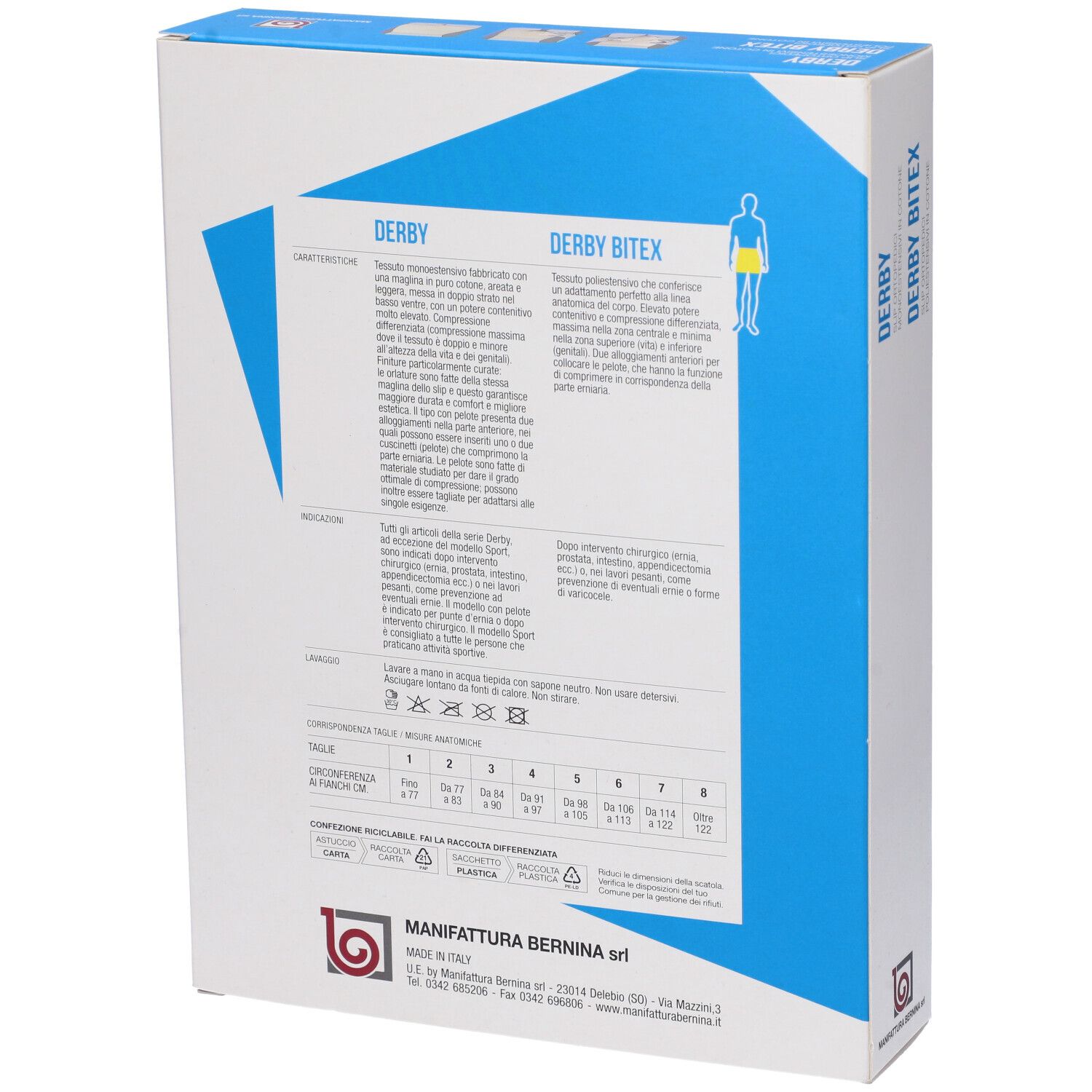 Confezione per slip ortopedico. Marchio: Derby Bitex. Retro con informazioni sul prodotto.