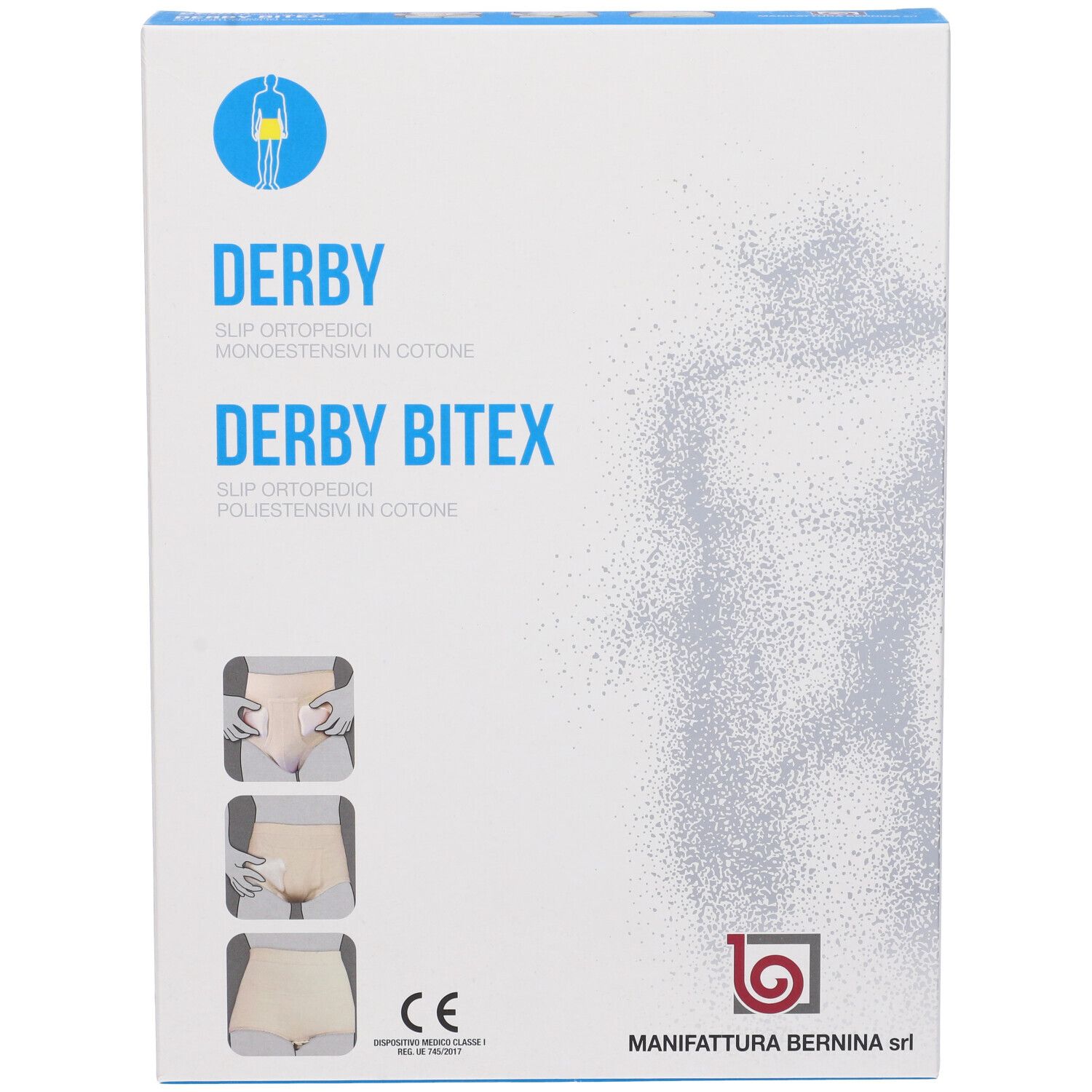 Confezione per slip ortopedico. Marchio: Derby Bitex. Vista frontale con immagini del prodotto.