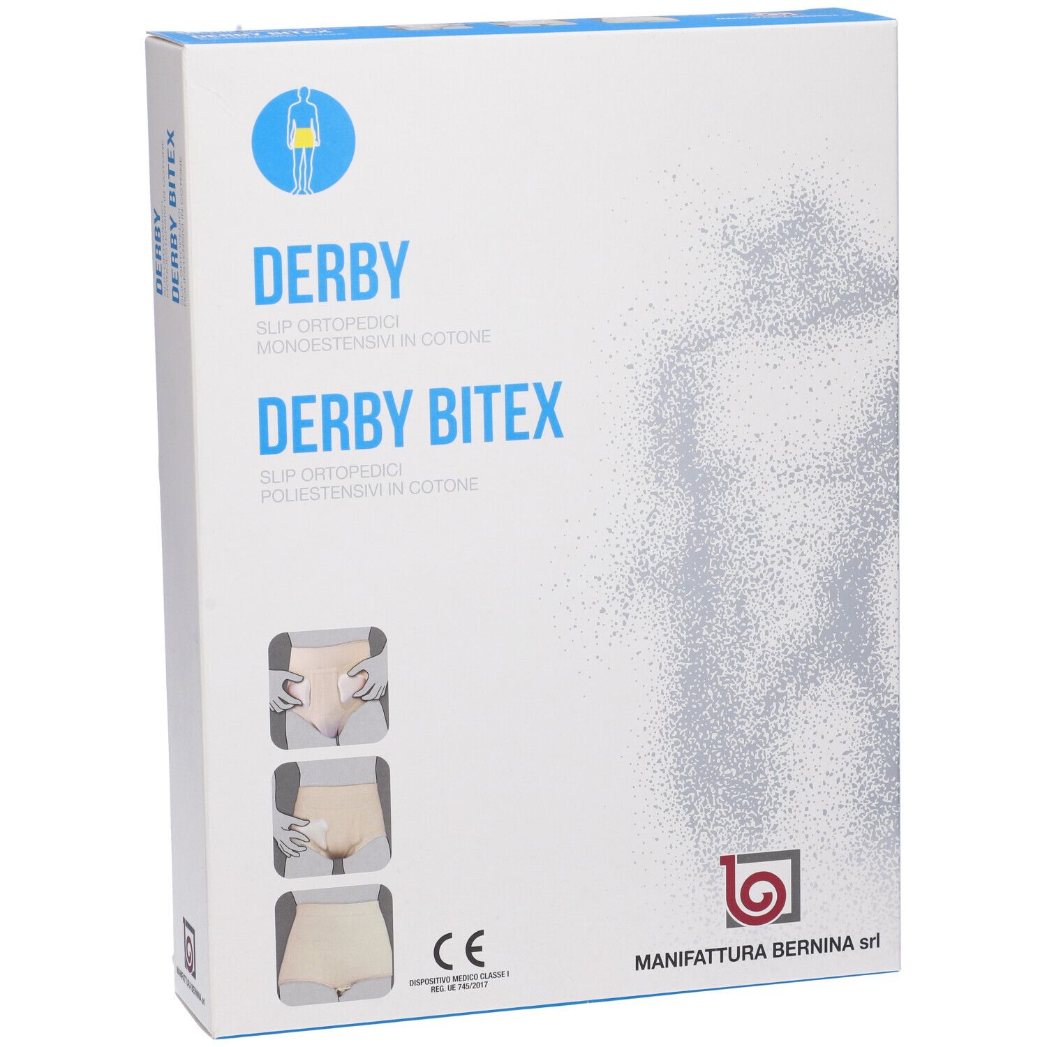 Confezione per slip ortopedico. Marchio: Derby Bitex. Vista frontale con immagini del prodotto.