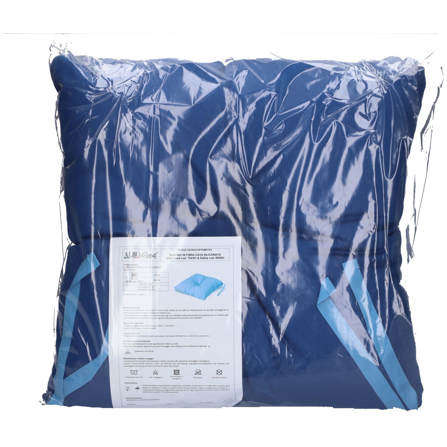 Cuscino blu imbottito in confezione trasparente con etichetta.