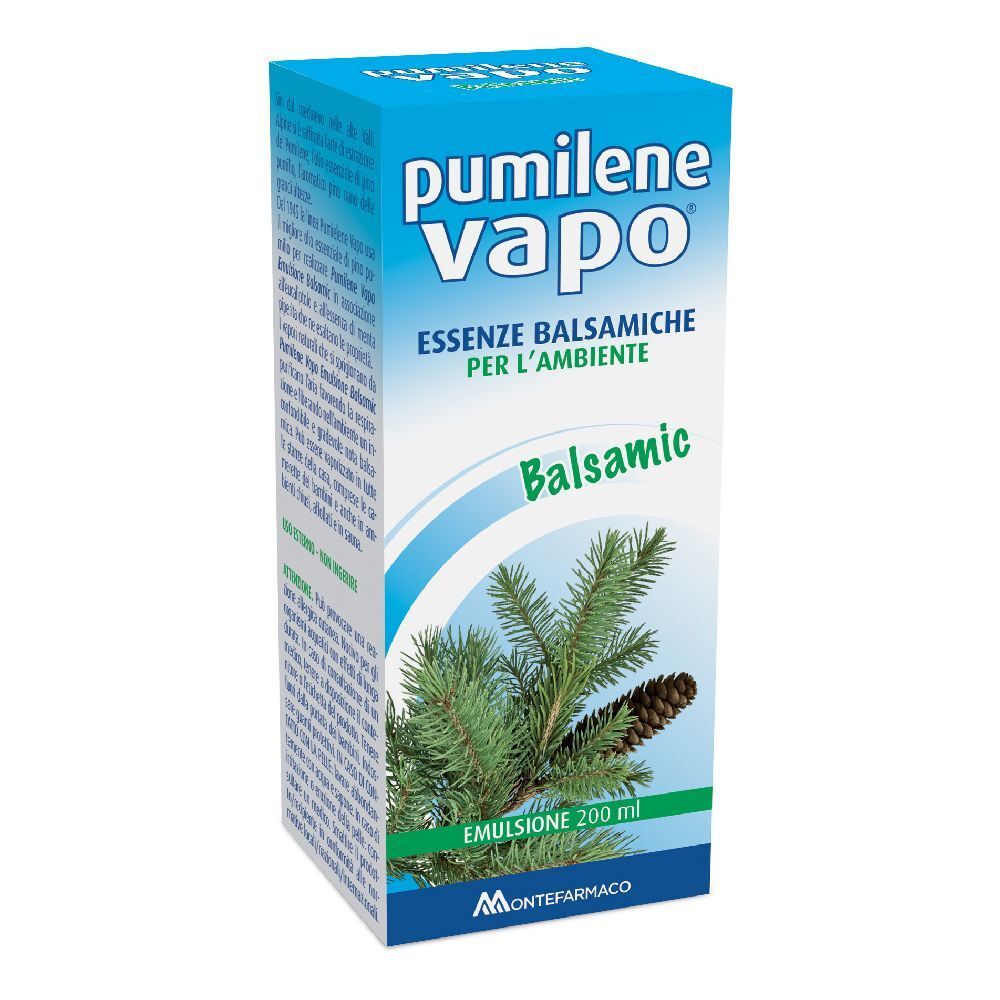 Scatola blu e bianca con stampa del prodotto. Testo: Pumilene Vapo, Balsamico, Emulsione 200 ml. Illustrazione: ramo di pino.