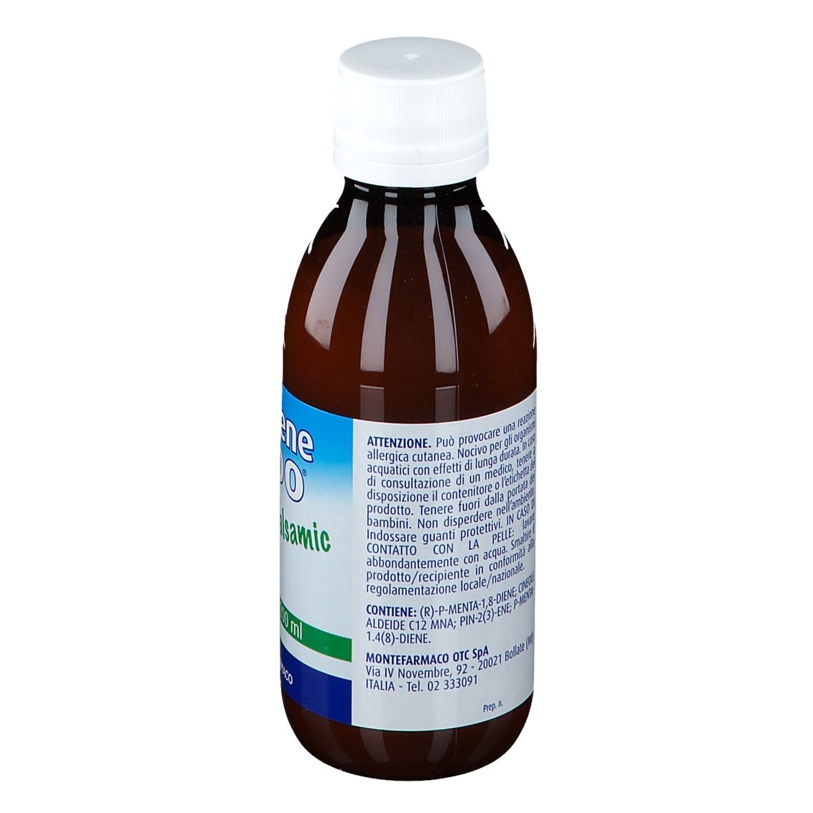 Bottiglia marrone con tappo bianco. Stampe e testo sull'etichetta. Avvertenza. Produttore: Montefarmaco OTC Spa.