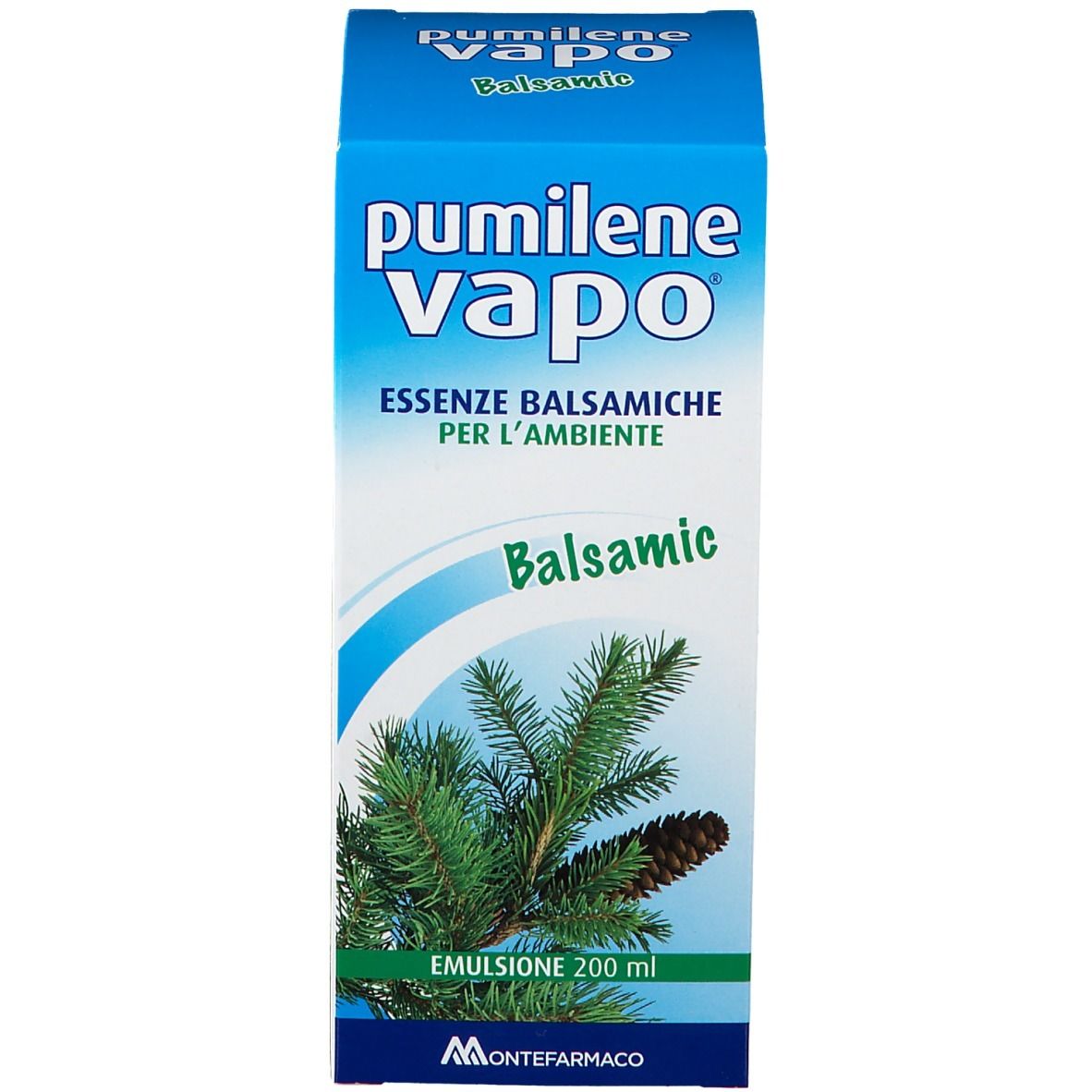 Scatola blu con stampa del prodotto. Testo: Pumilene Vapo, Balsamico, Emulsione 200 ml. Illustrazione: ramo di pino.