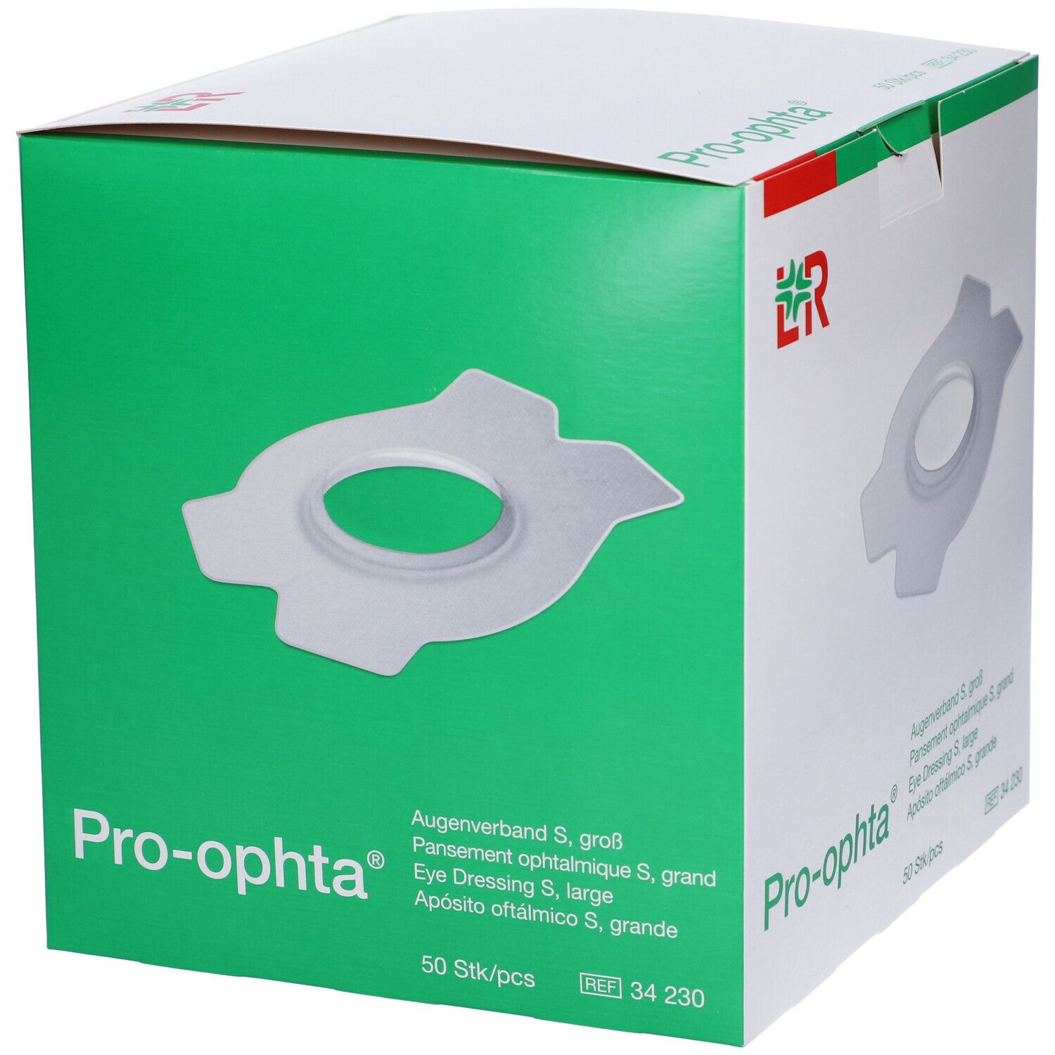 Confezione verde di Pro-ophta medicazione oculare S, grande. 50 pezzi. Scritte: Eye Dressing S, large, Apósito oftálmico S, grande.
