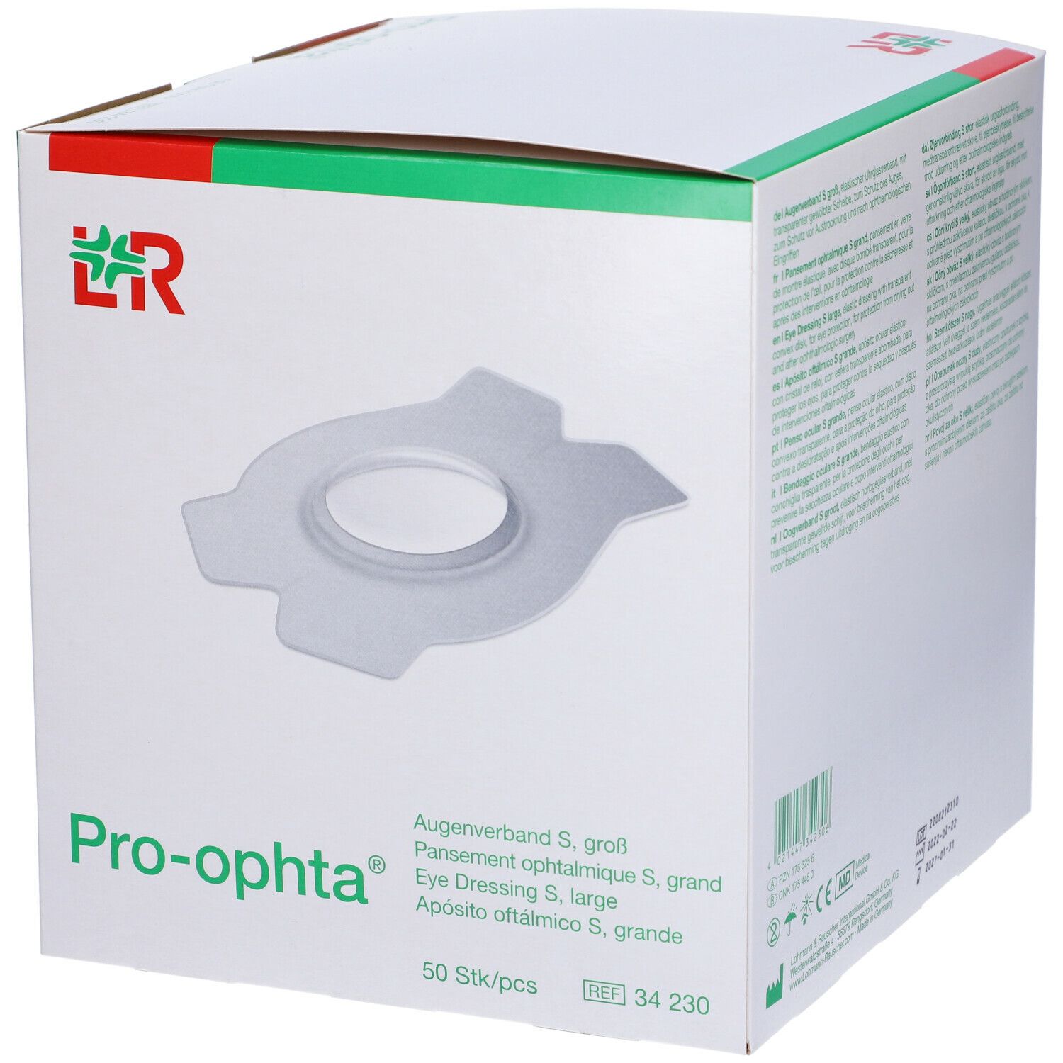 Confezione Pro-ophta. Medicazione oculare S, grande. 50 pezzi. Scritte: Eye Dressing S, large, Apósito oftálmico S, grande.