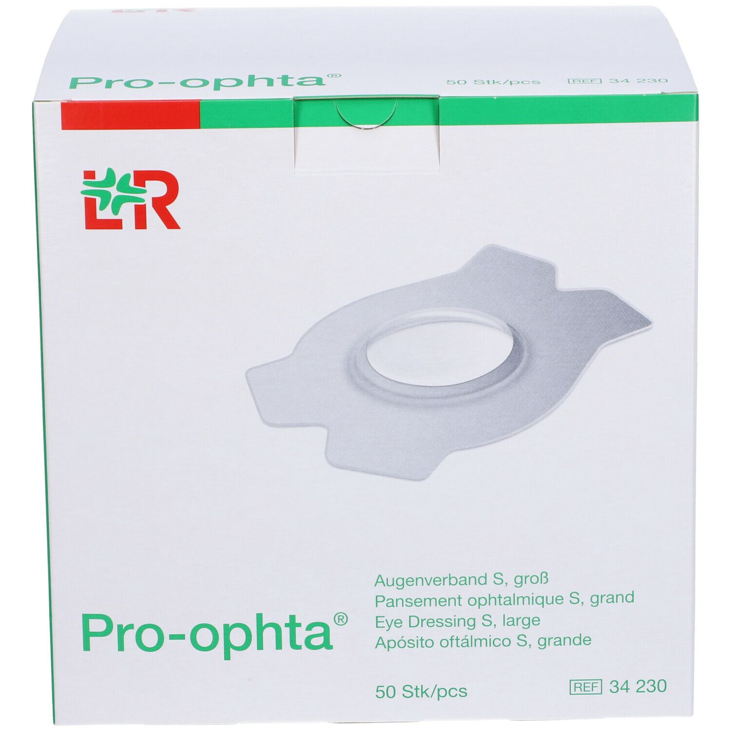 Confezione Pro-ophta. Medicazione oculare S, grande. 50 pezzi. Scritte: Eye Dressing S, large, Apósito oftálmico S, grande.