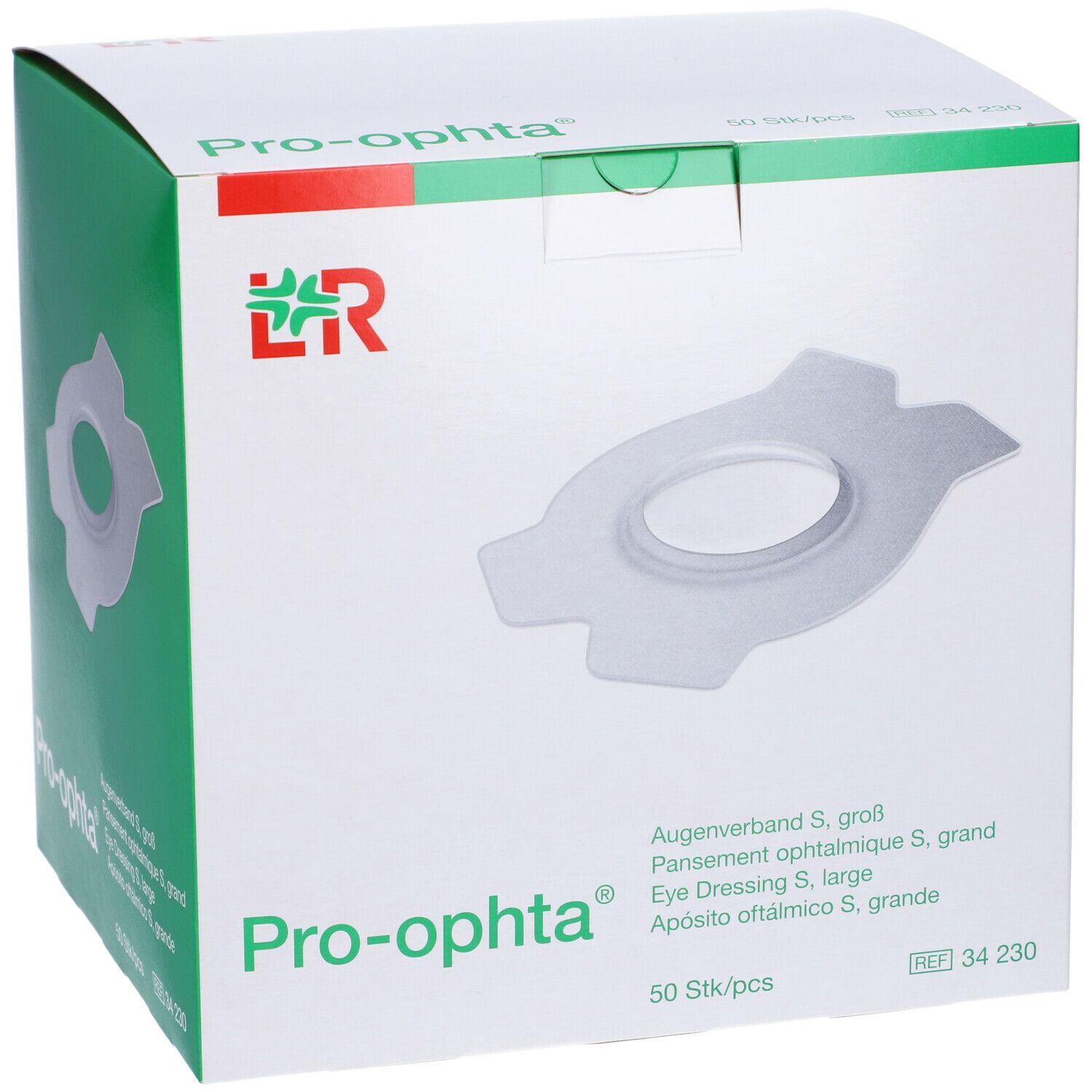 Confezione Pro-ophta. Medicazione oculare S, grande. 50 pezzi. Scritte: Eye Dressing S, large, Apósito oftálmico S, grande.