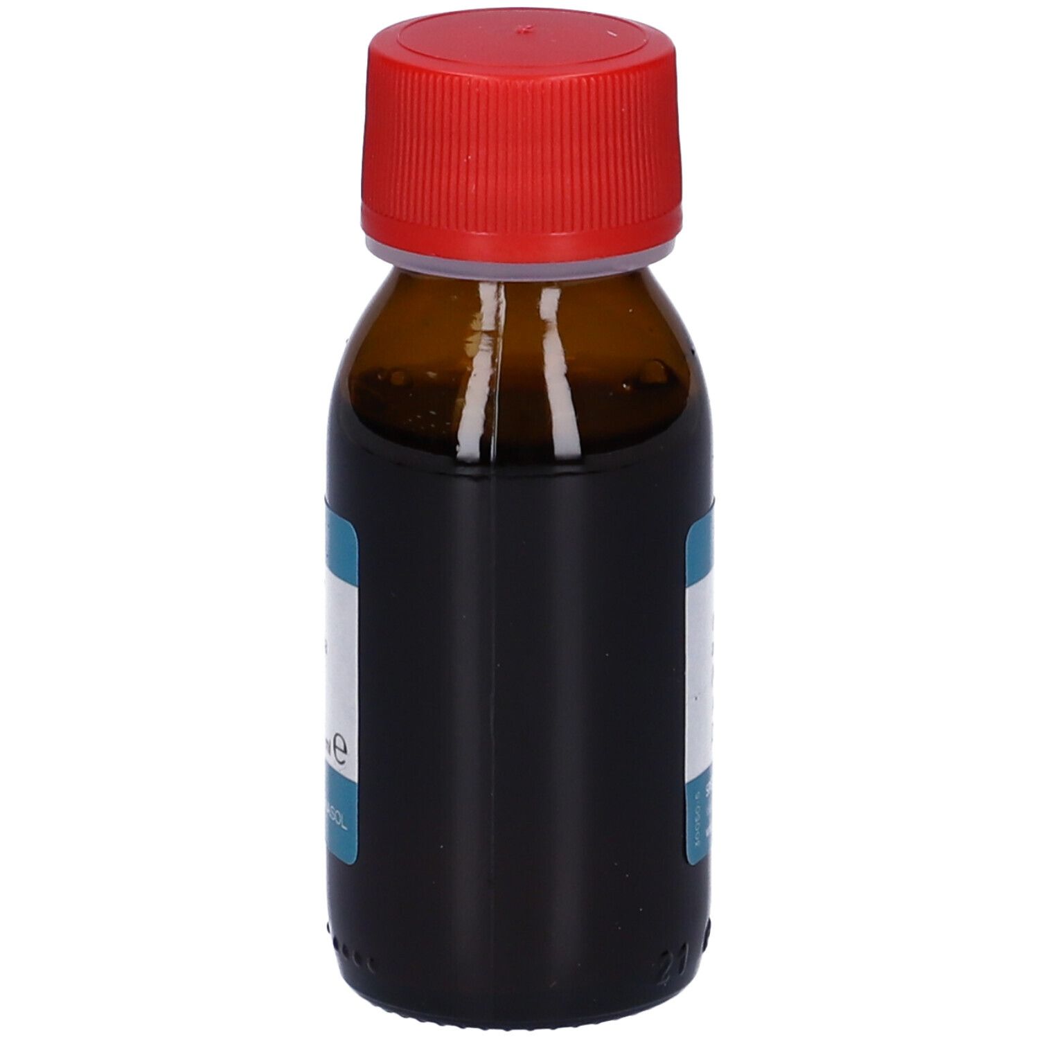 Flacone in vetro marrone con tappo rosso. Scritta: Melissa. Etichetta con ingredienti e gradazione alcolica. 50 ml.