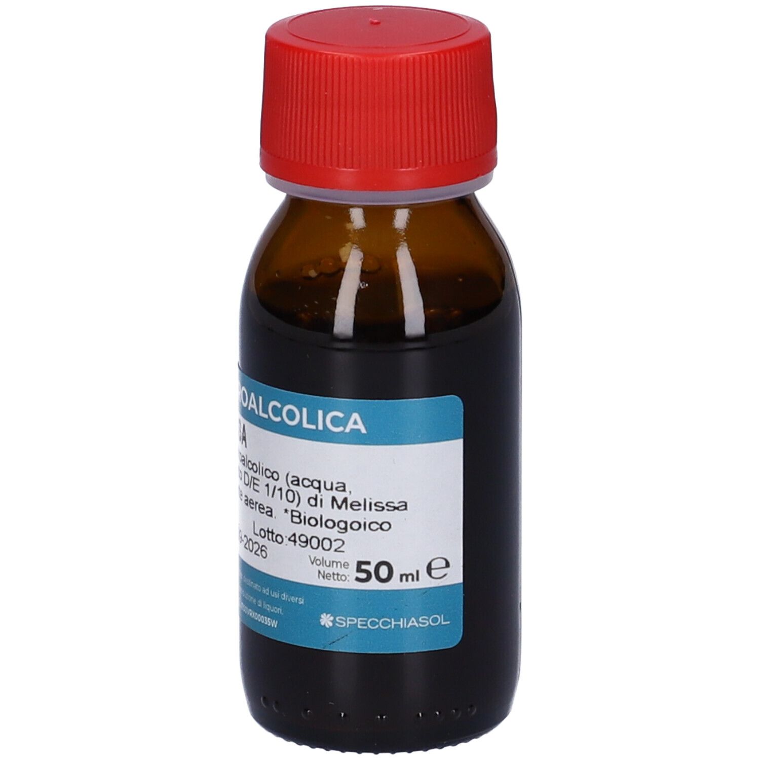 Flacone in vetro marrone con tappo rosso. Scritta: Melissa. Etichetta con ingredienti e gradazione alcolica. 50 ml.