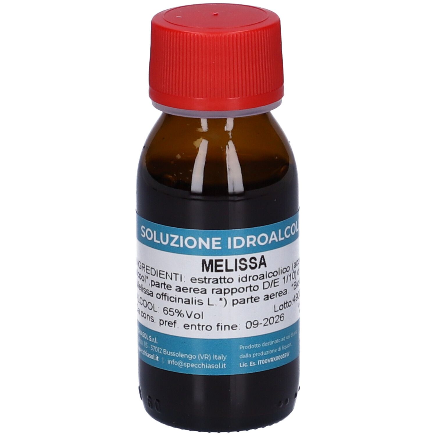 Flacone in vetro marrone con tappo rosso. Scritta: Melissa. Etichetta con ingredienti e gradazione alcolica. 50 ml.