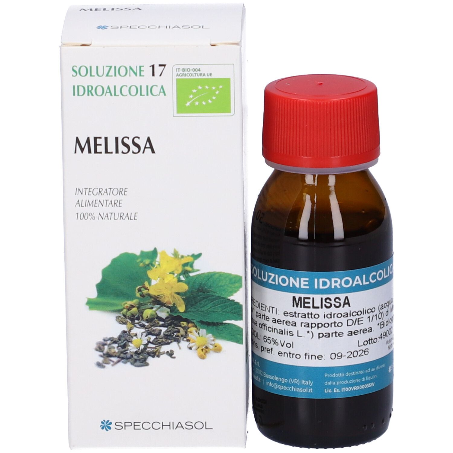 Flacone in vetro marrone con tappo rosso e confezione. Scritta: Melissa 17. Etichetta con ingredienti. 50 ml.