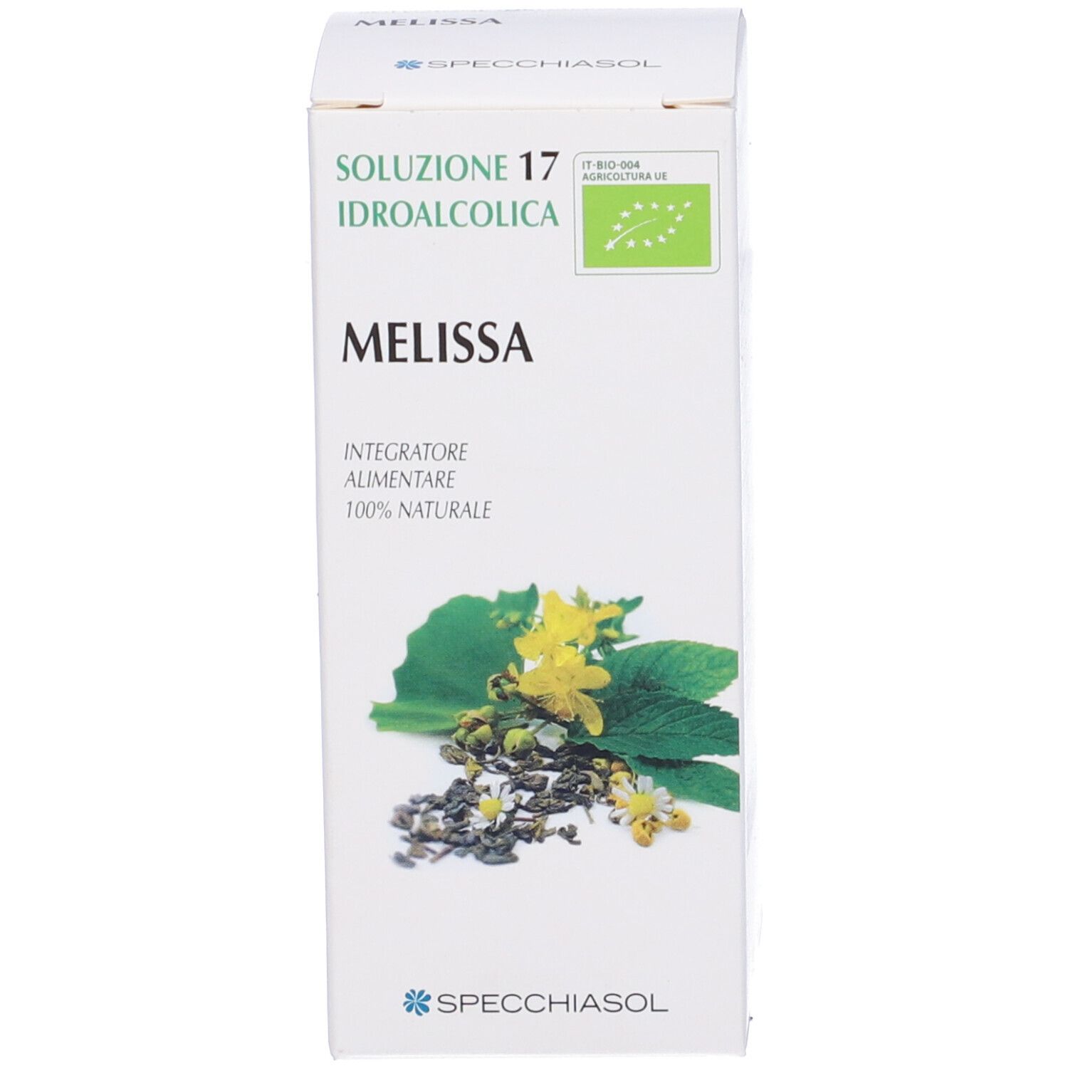Confezione con scritta: Melissa 17. Illustrazione di foglie e fiori. Con marchio biologico.