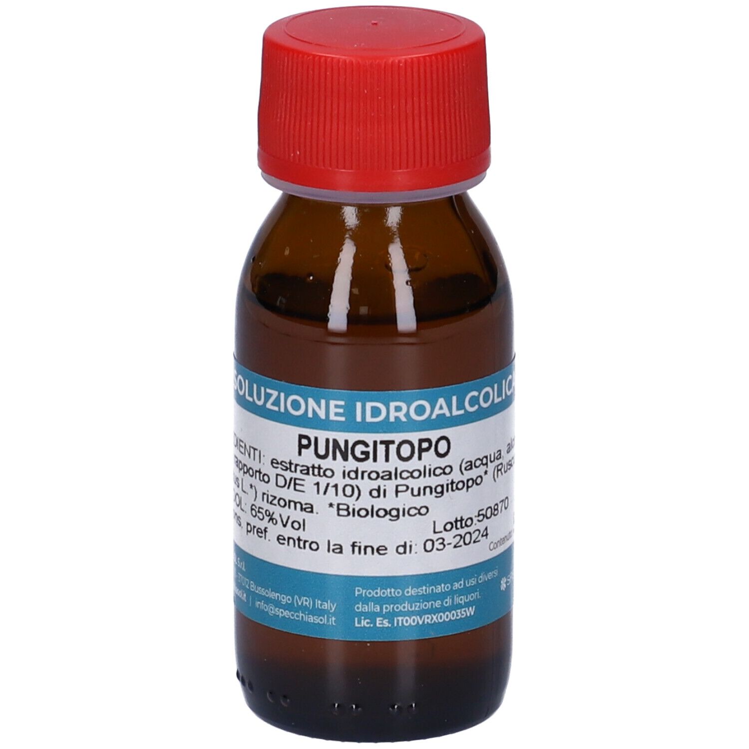 Flacone marrone con tappo rosso. Scritta: Soluzione Idroalcolica Pungitopo, 50 ml, 65% Vol.