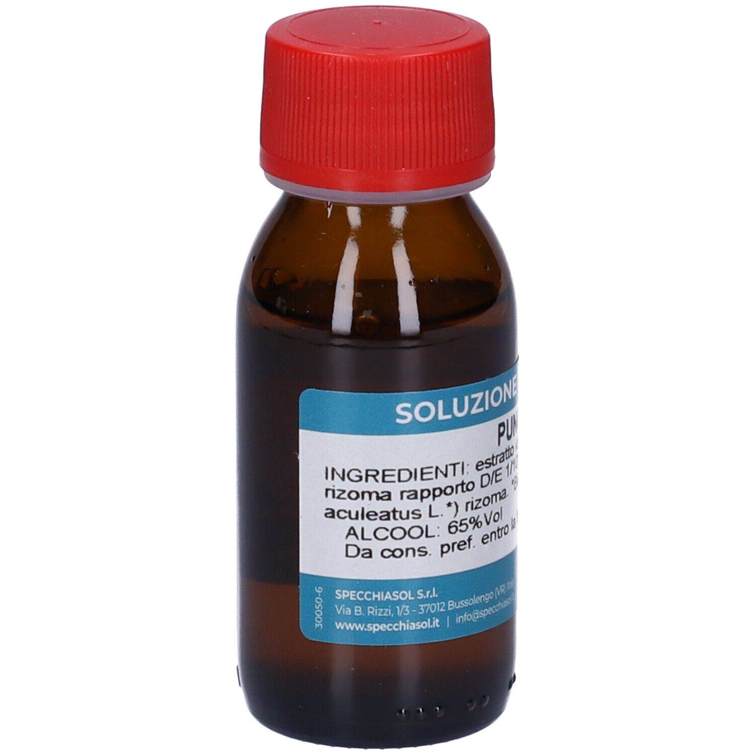Flacone marrone con tappo rosso ed etichetta blu. Scritta: Soluzione Pungitopo, 65% Vol.