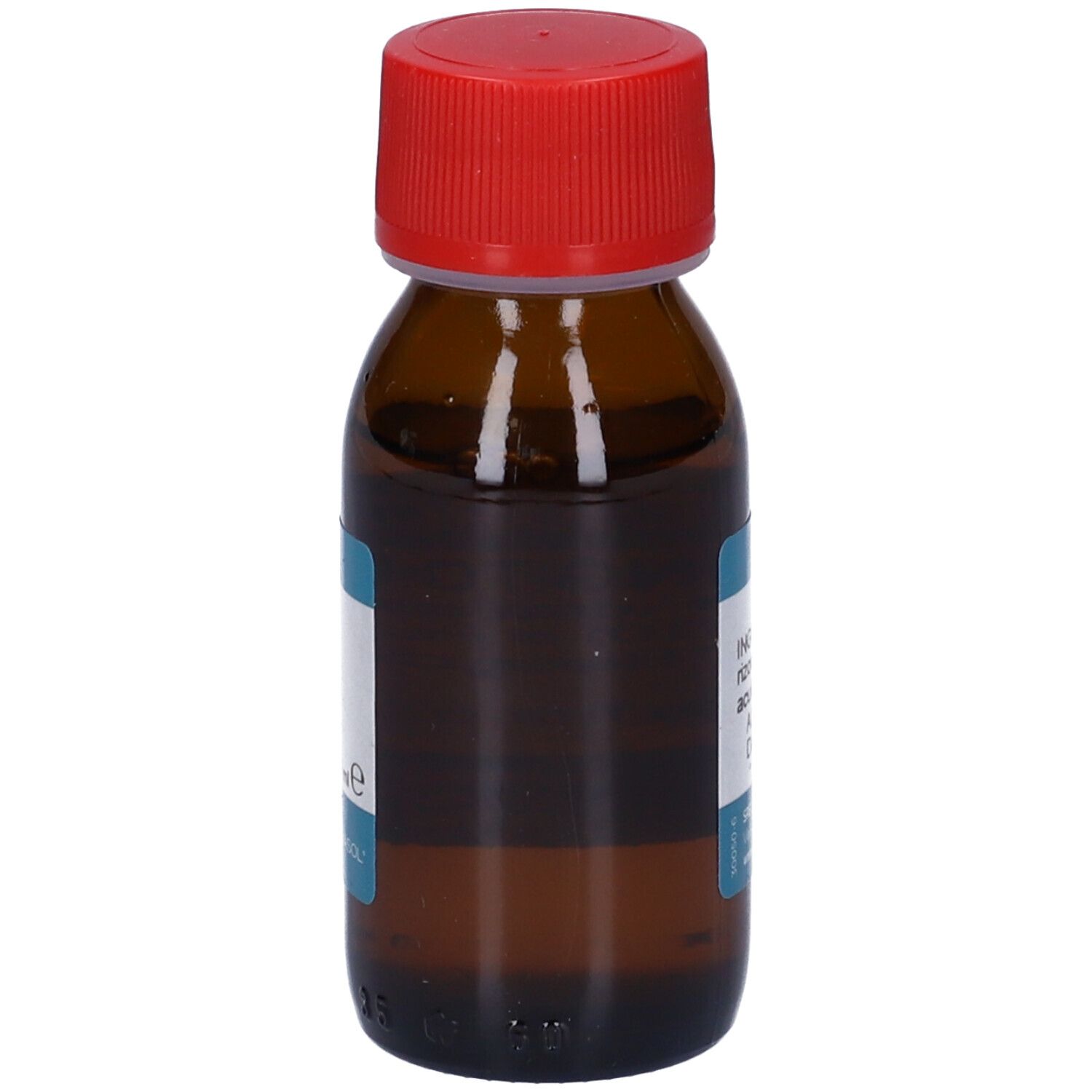 Flacone marrone con tappo rosso ed etichetta blu. Scritta: Soluzione, ingredienti.