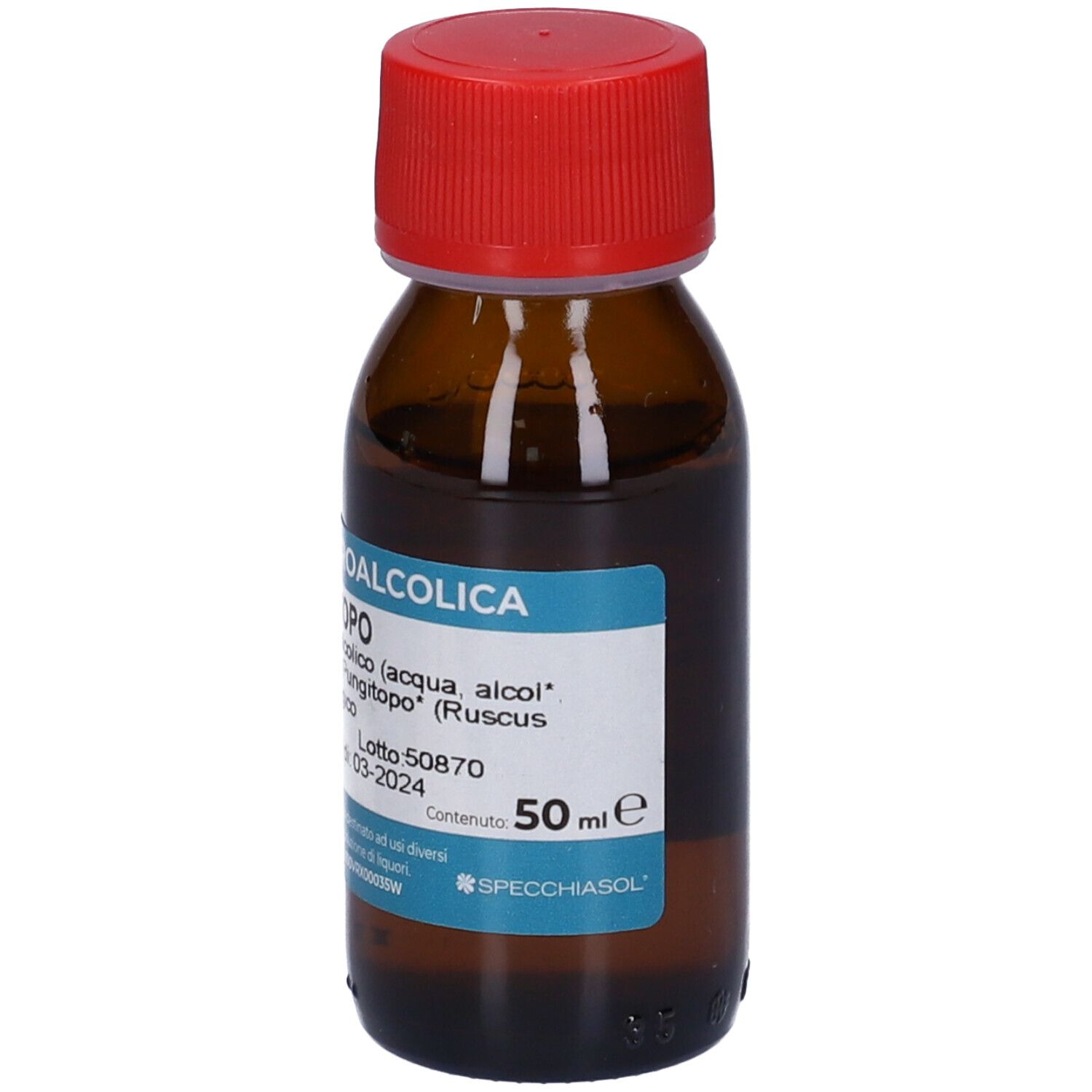 Flacone marrone con tappo rosso ed etichetta blu. Scritta: Soluzione Idroalcolica Pungitopo, 50 ml.