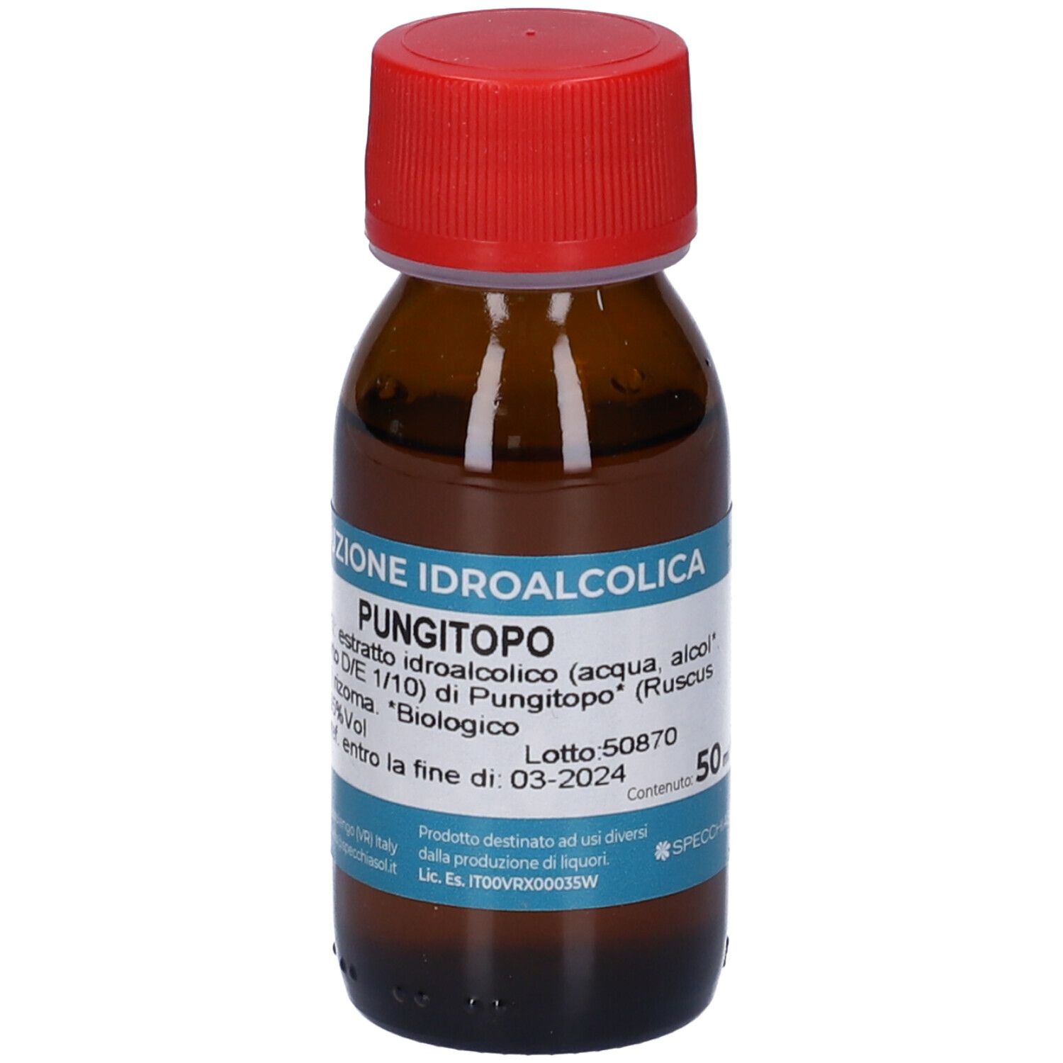 Flacone marrone con tappo rosso. Scritta: Soluzione Idroalcolica Pungitopo, 50 ml, 65% Vol.