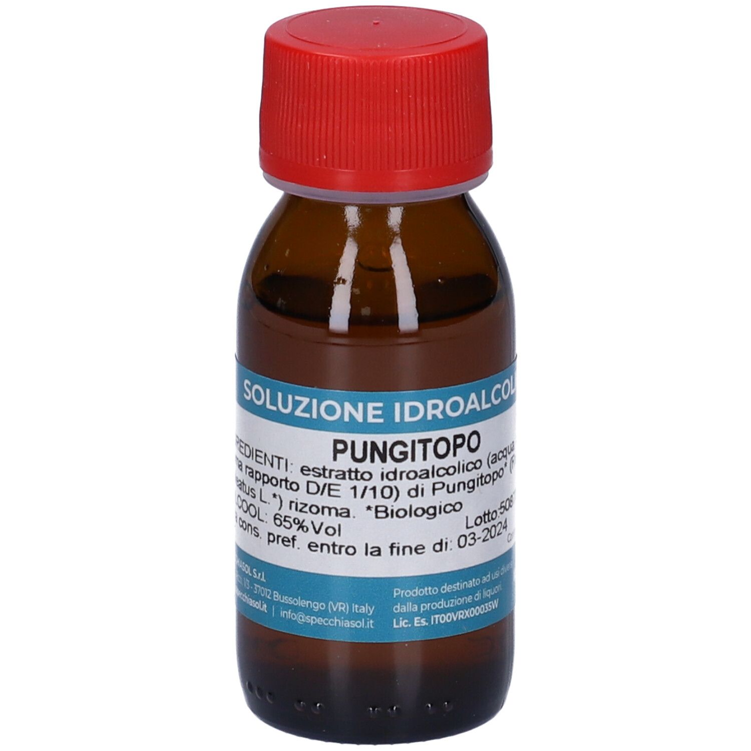 Flacone marrone con tappo rosso. Scritta: Soluzione Idroalcolica Pungitopo, 50 ml, 65% Vol.