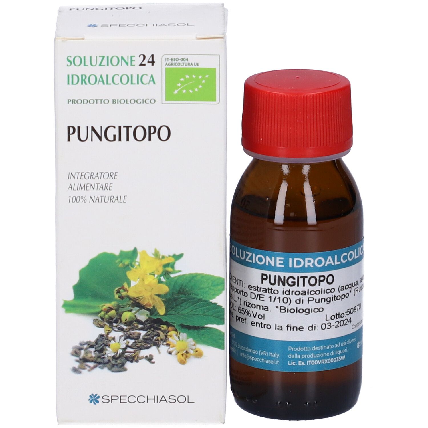 Flacone marrone con tappo rosso e scatola. Scritta: Soluzione 24 Idroalcolica Pungitopo, 50 ml.